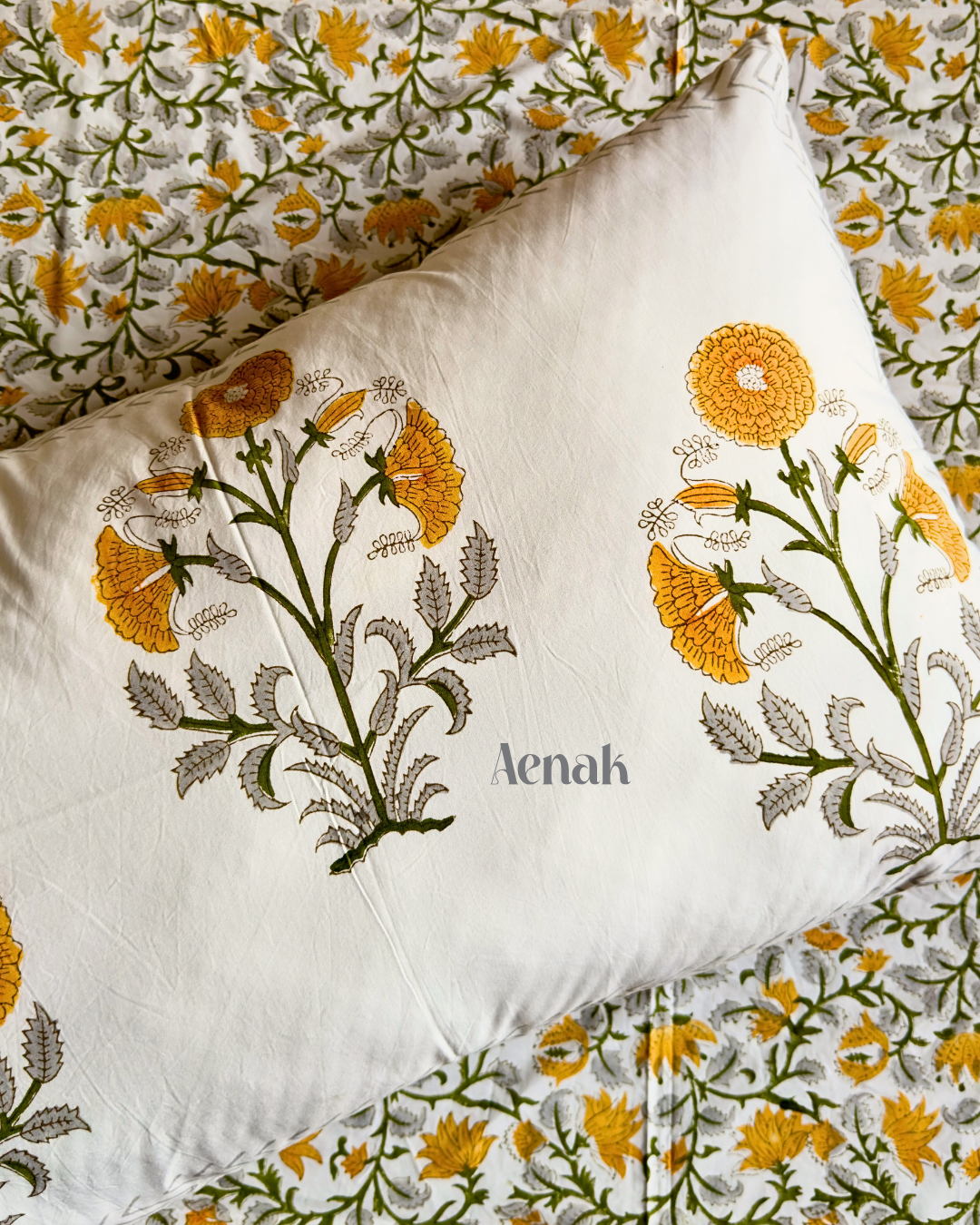Yellow Marigold Handblock Printed Premium Cotton Fitted Bedsheet Set