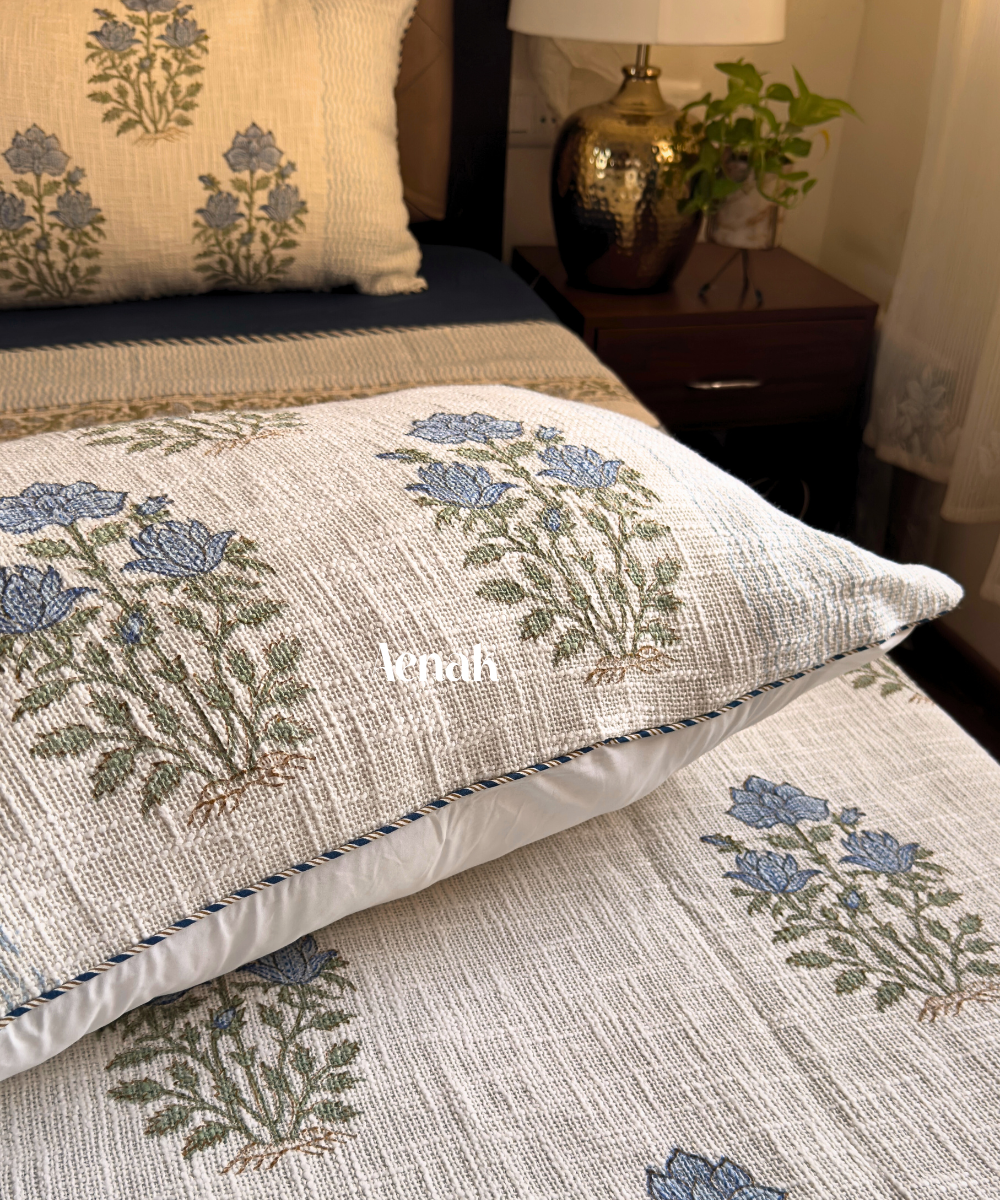 Blue Dahlia Handblock Printed Jute Cotton Bedcover