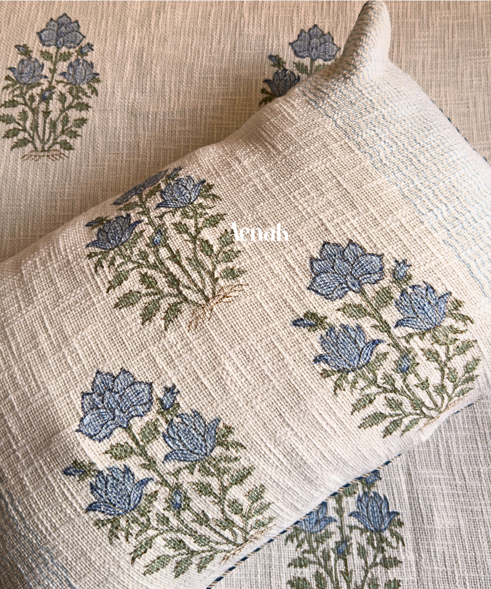 Blue Dahlia Handblock Printed Jute Cotton Bedcover