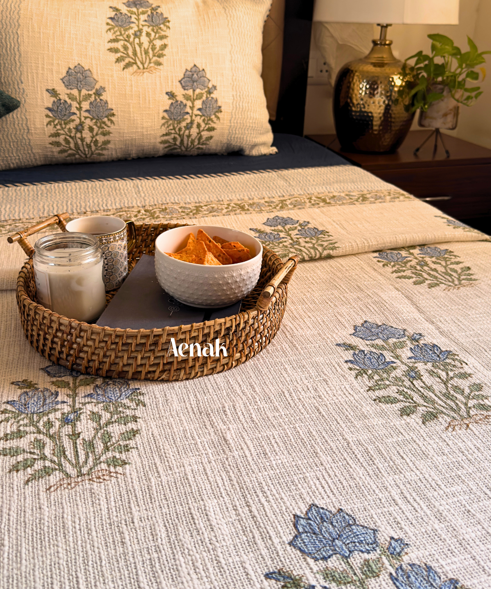 Blue Dahlia Handblock Printed Jute Cotton Bedcover