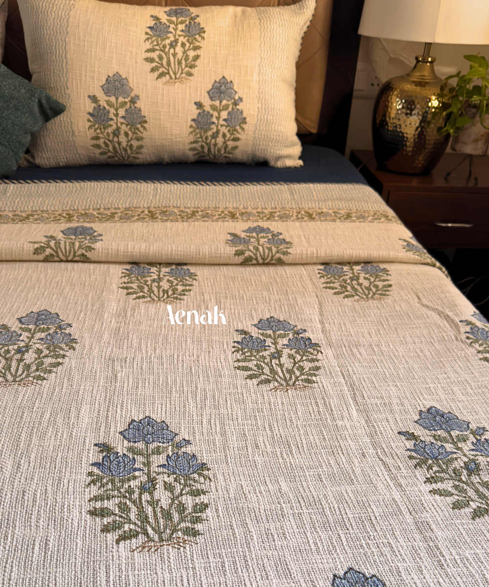Blue Dahlia Handblock Printed Jute Cotton Bedcover