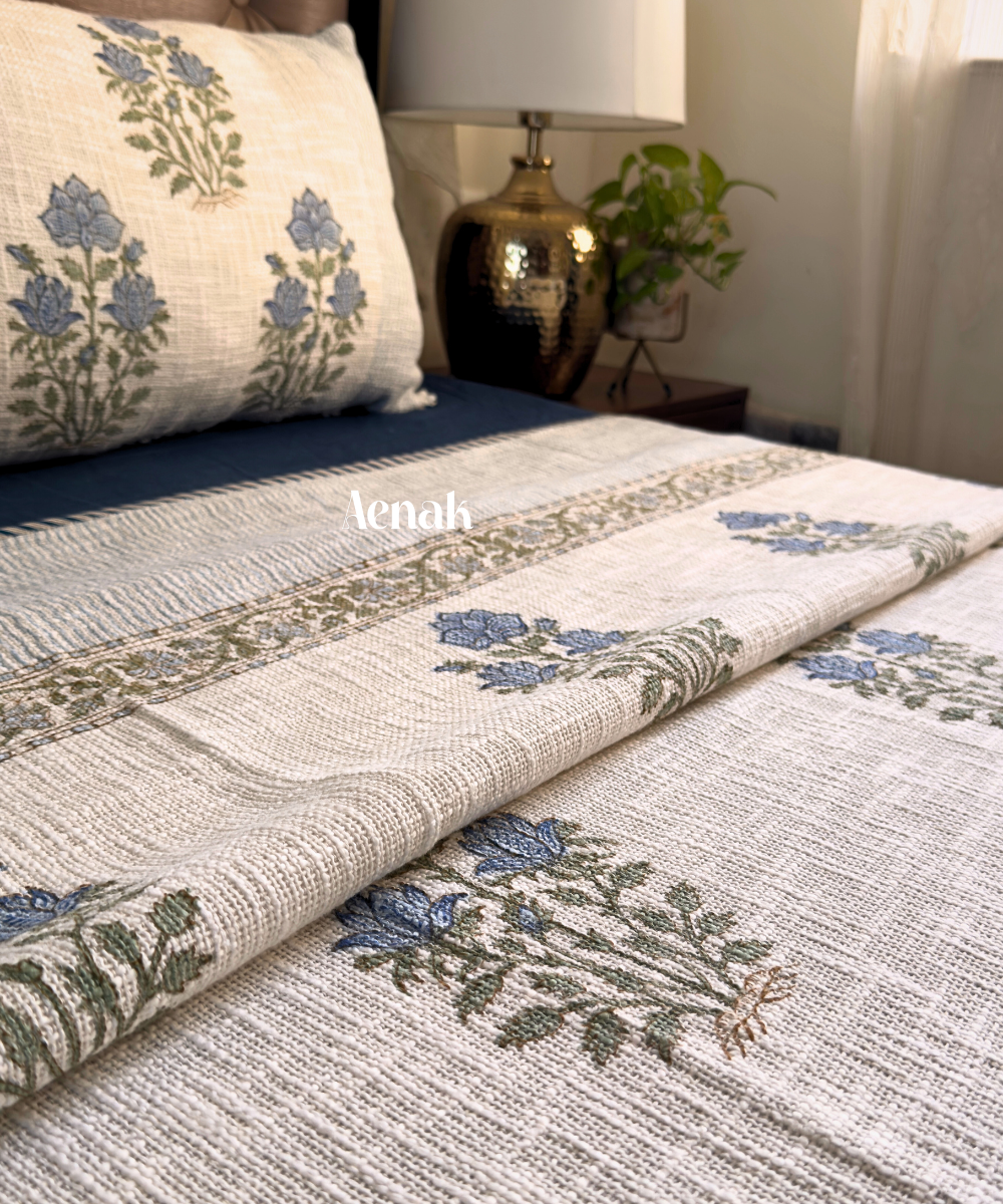 Blue Dahlia Handblock Printed Jute Cotton Bedcover