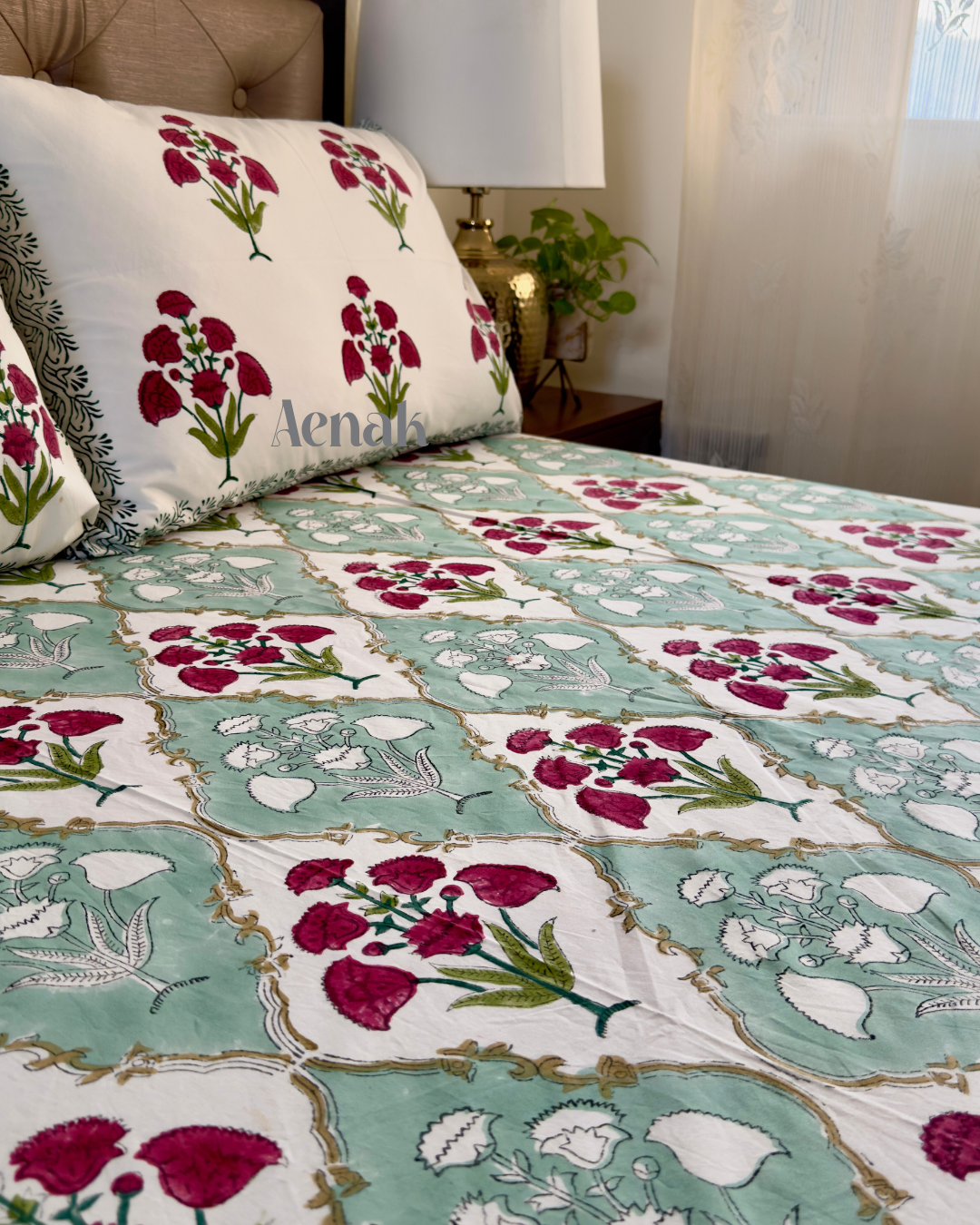 Green & Red Dahlia Handblock Printed Premium Cotton Bedsheet