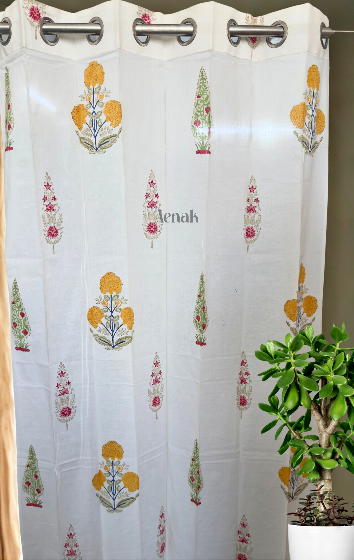 Yellow Pink Marigold Eyelet Handblock Curtains