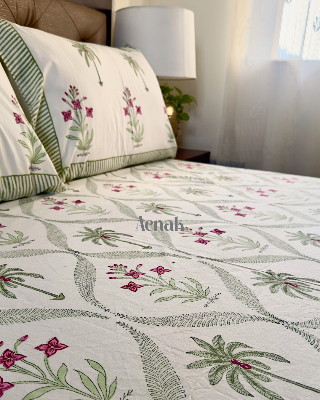 Green Palm Handblock Printed Premium Cotton Bedsheet