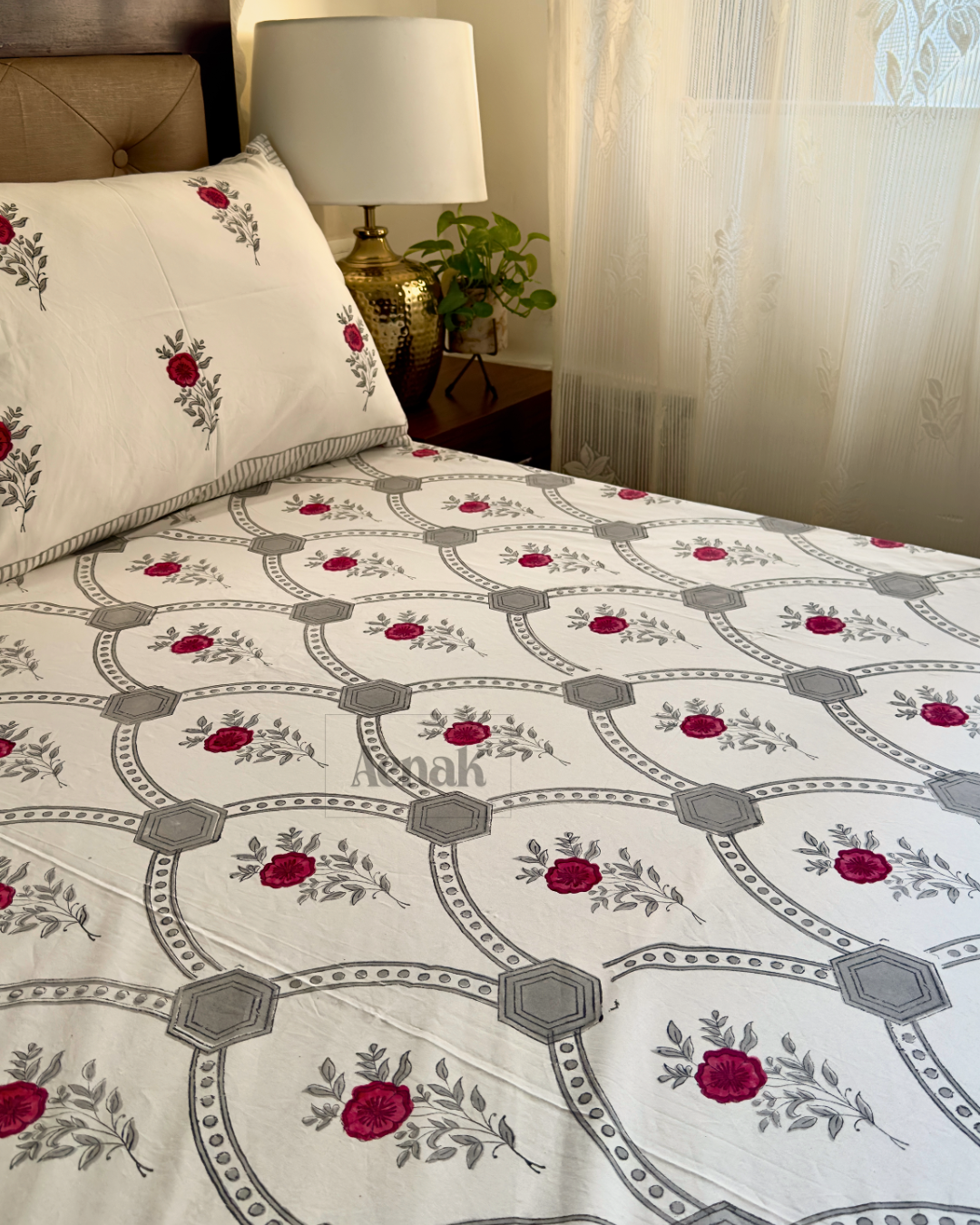 Grey Jaal Handblock Printed Premium Cotton Bedsheet