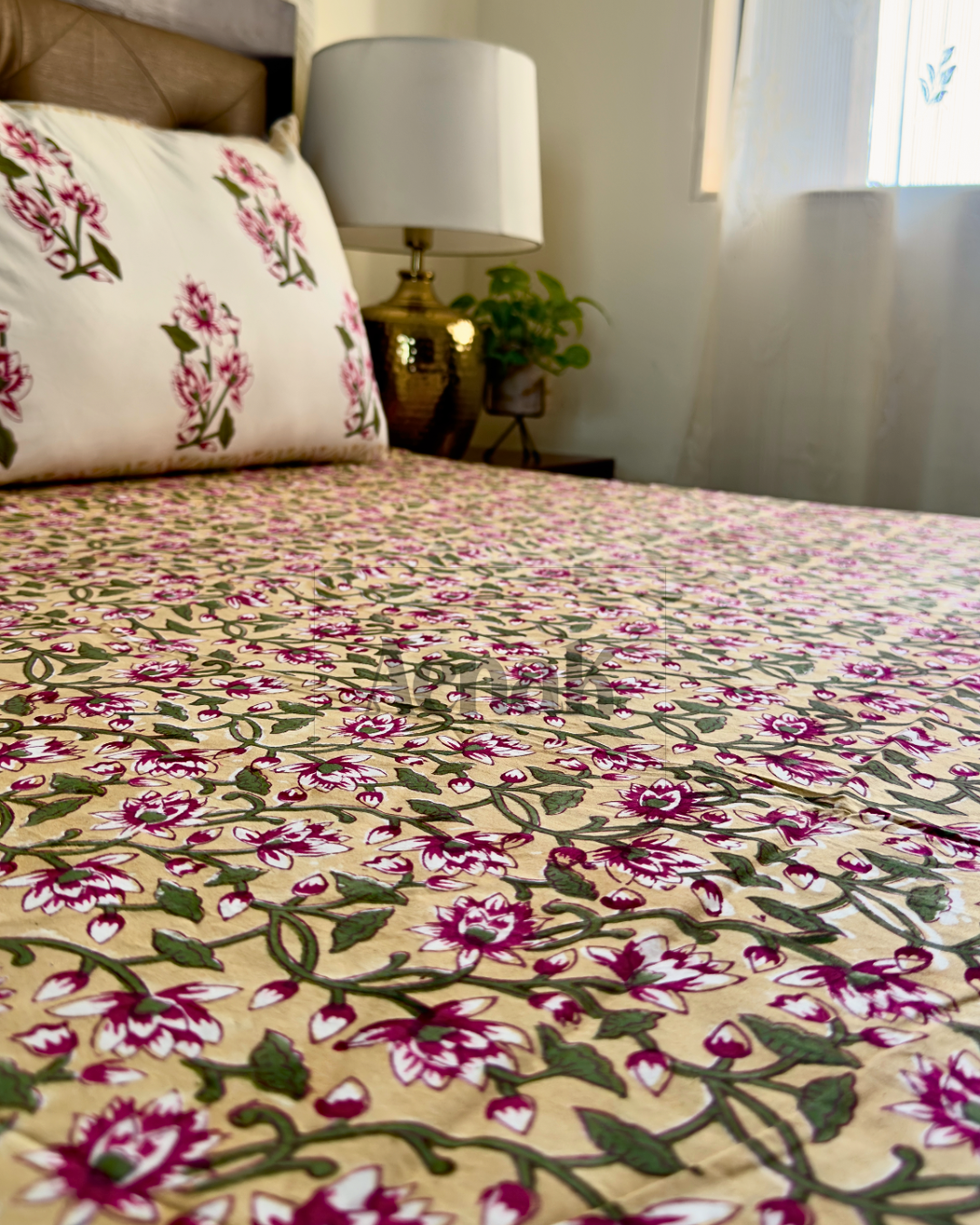 Beige Floral Jaal Handblock Printed Premium Cotton Bedsheet