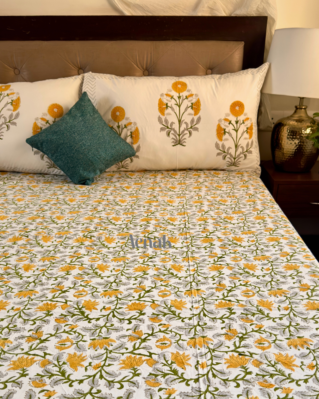 Yellow Marigold Handblock Premium Cotton Bedsheet Set