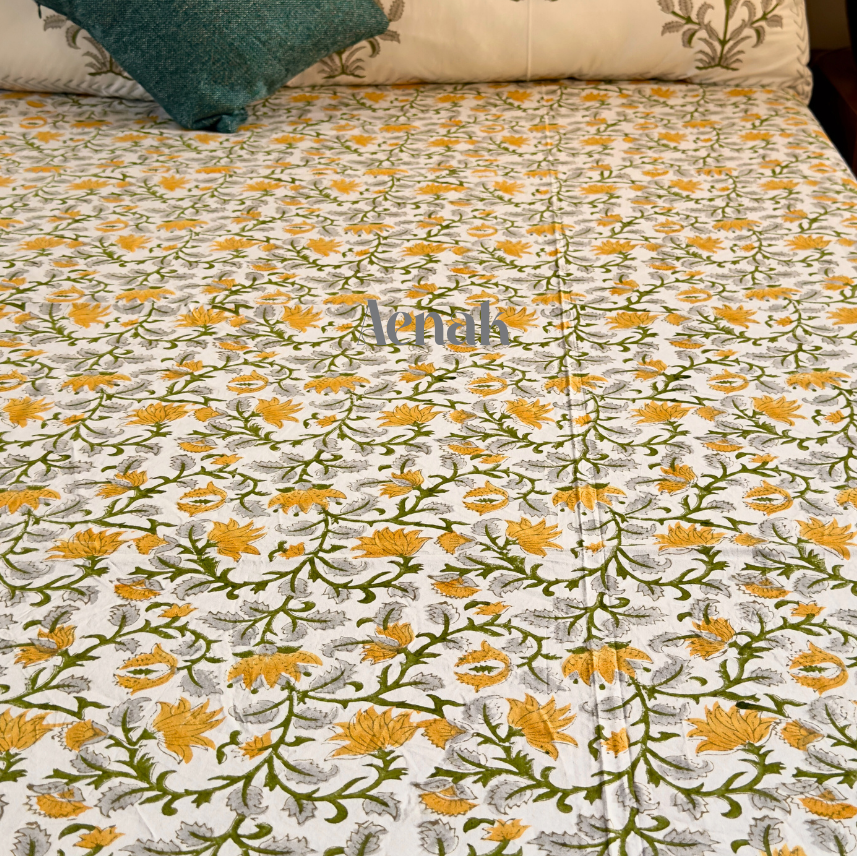 Yellow Marigold Handblock Printed Premium Cotton Fitted Bedsheet