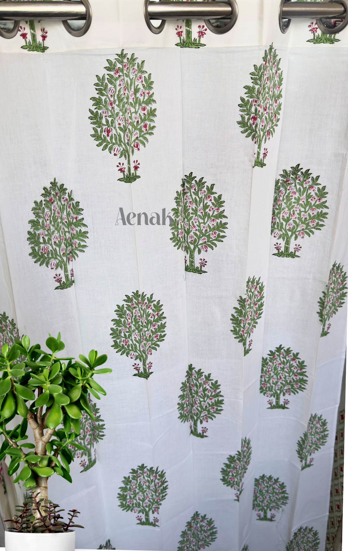 Green & Red Anaar Tree Eyelet Handblock Curtains