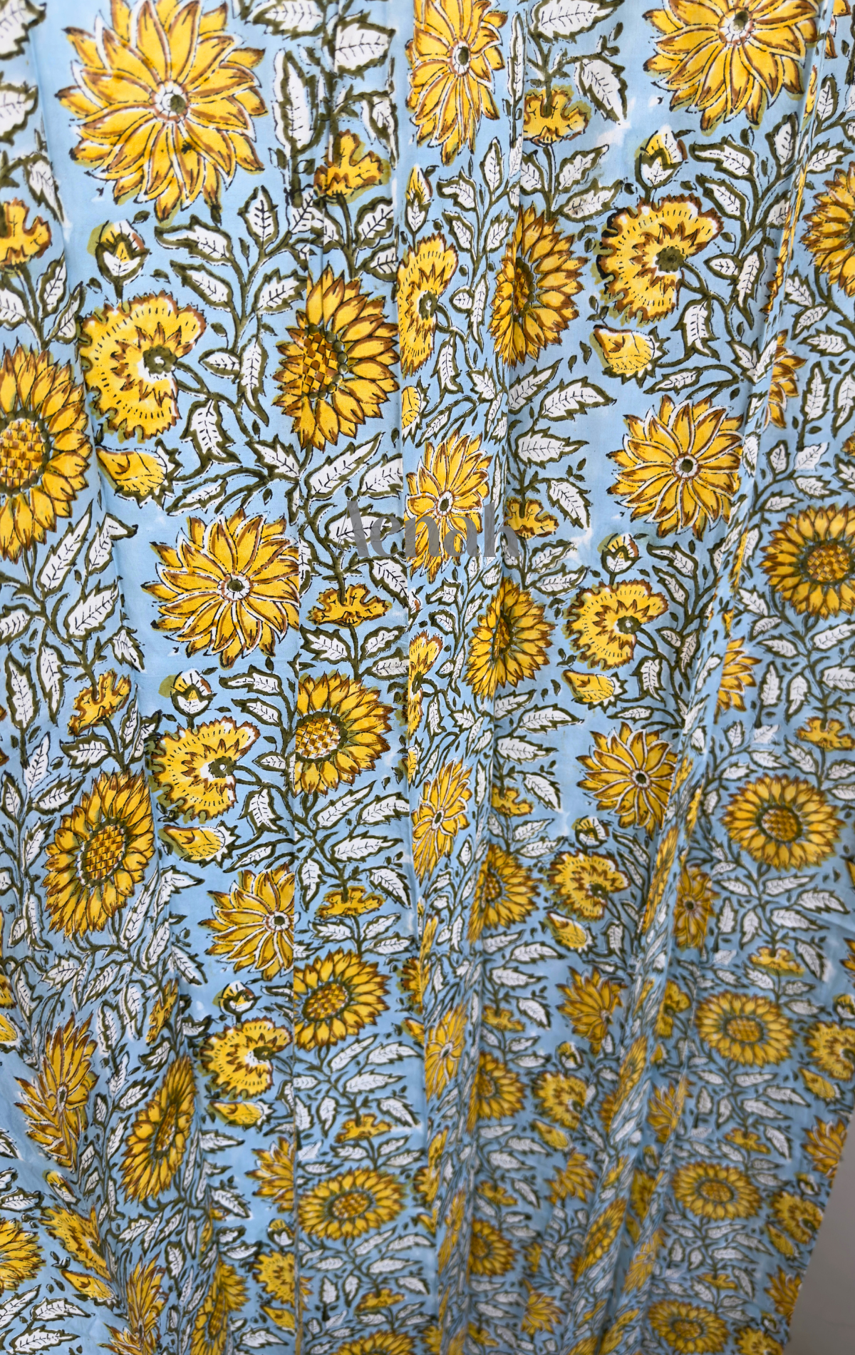 Blue Yellow Sunflower Eyelet Handblock Curtains