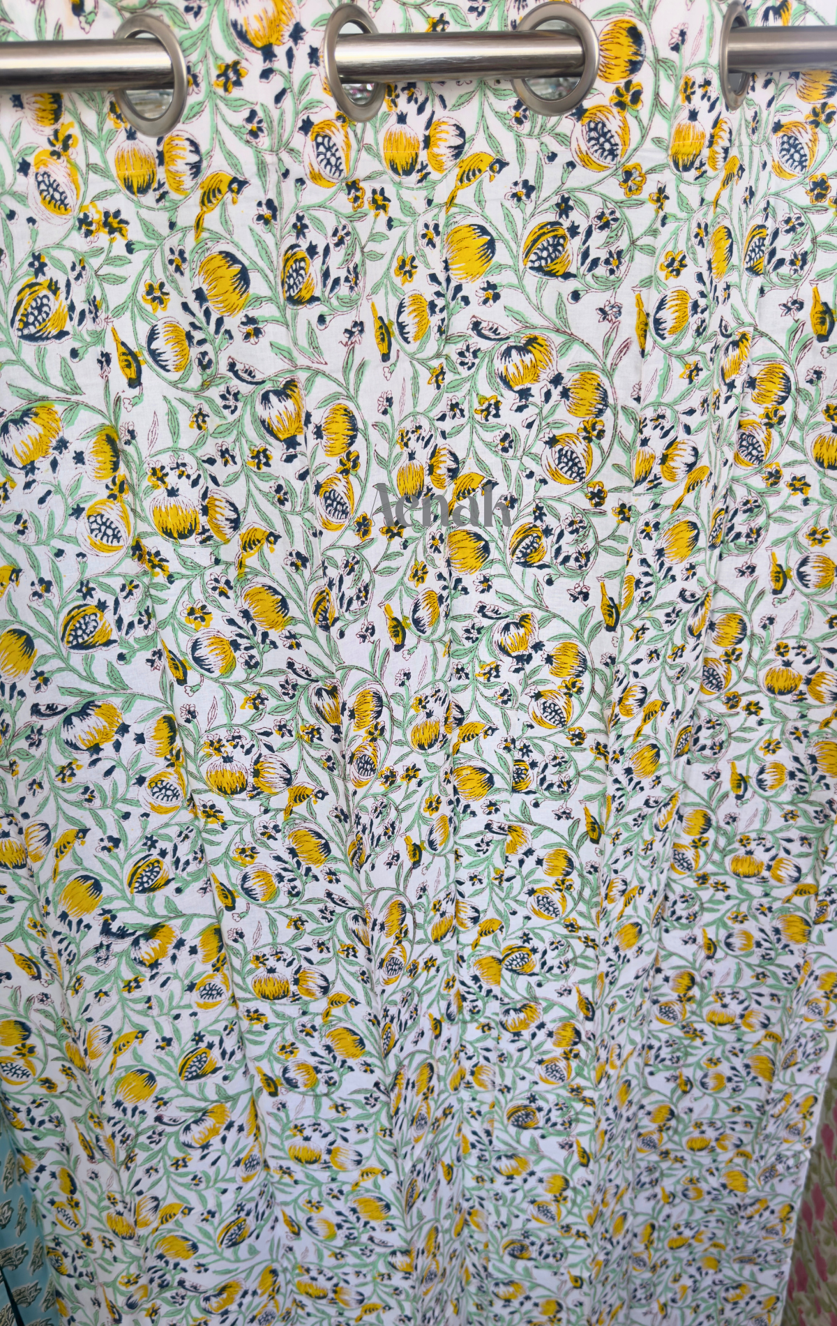 Yellow & Blue Floral Jaal Eyelet Handblock Curtains