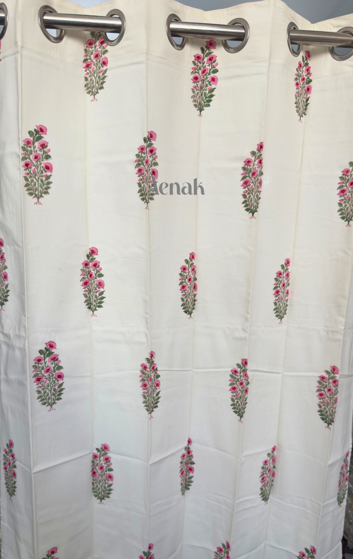 Pink & Green Floral Eyelet Handblock Curtains