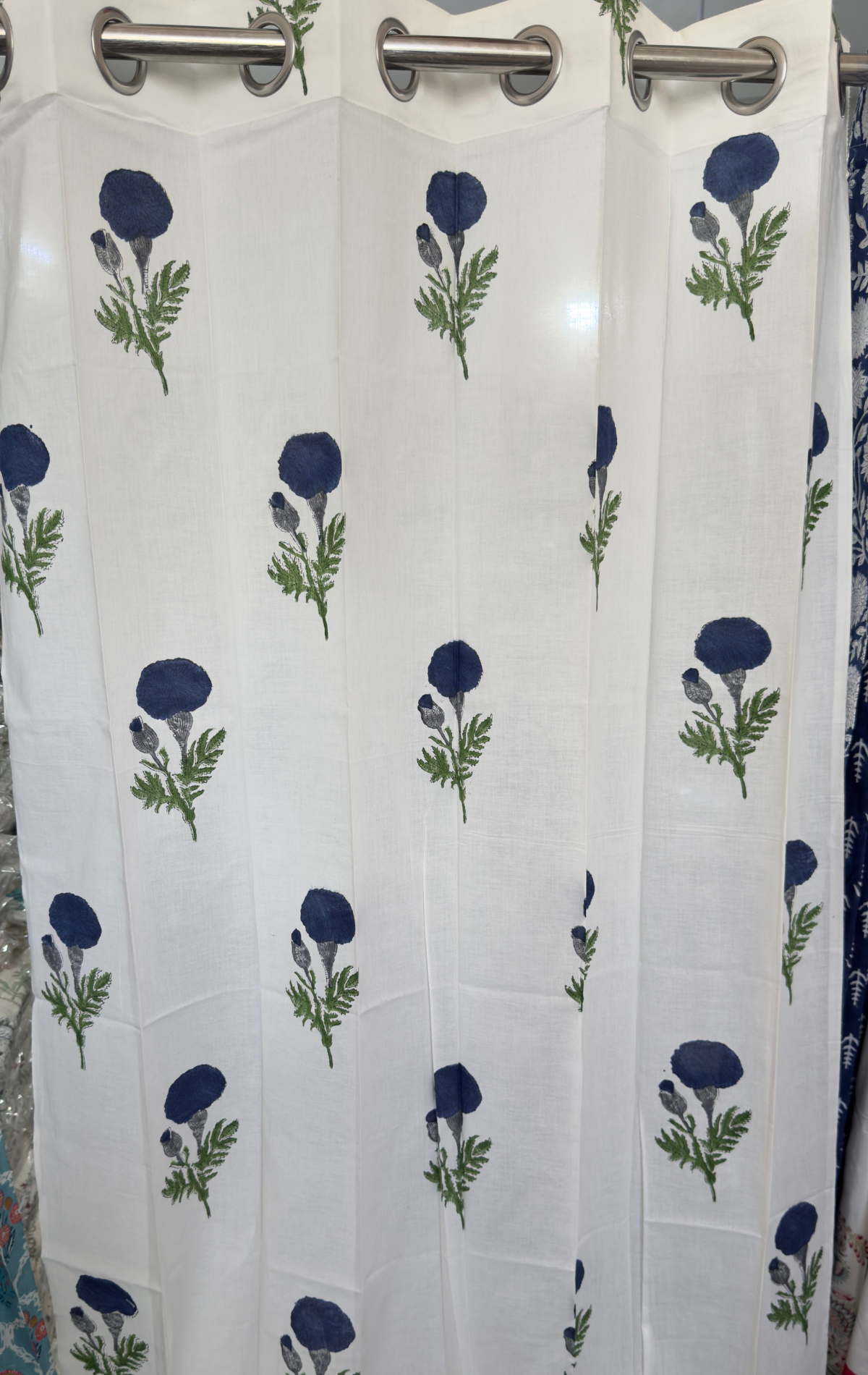 Blue Marigold Eyelet Handblock Curtains