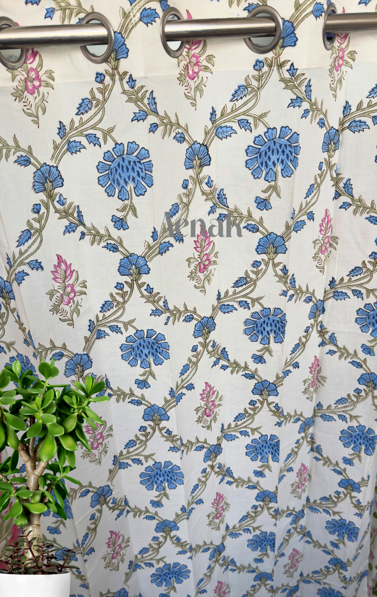 Blue & Pink Jaal Eyelet Handblock Curtains