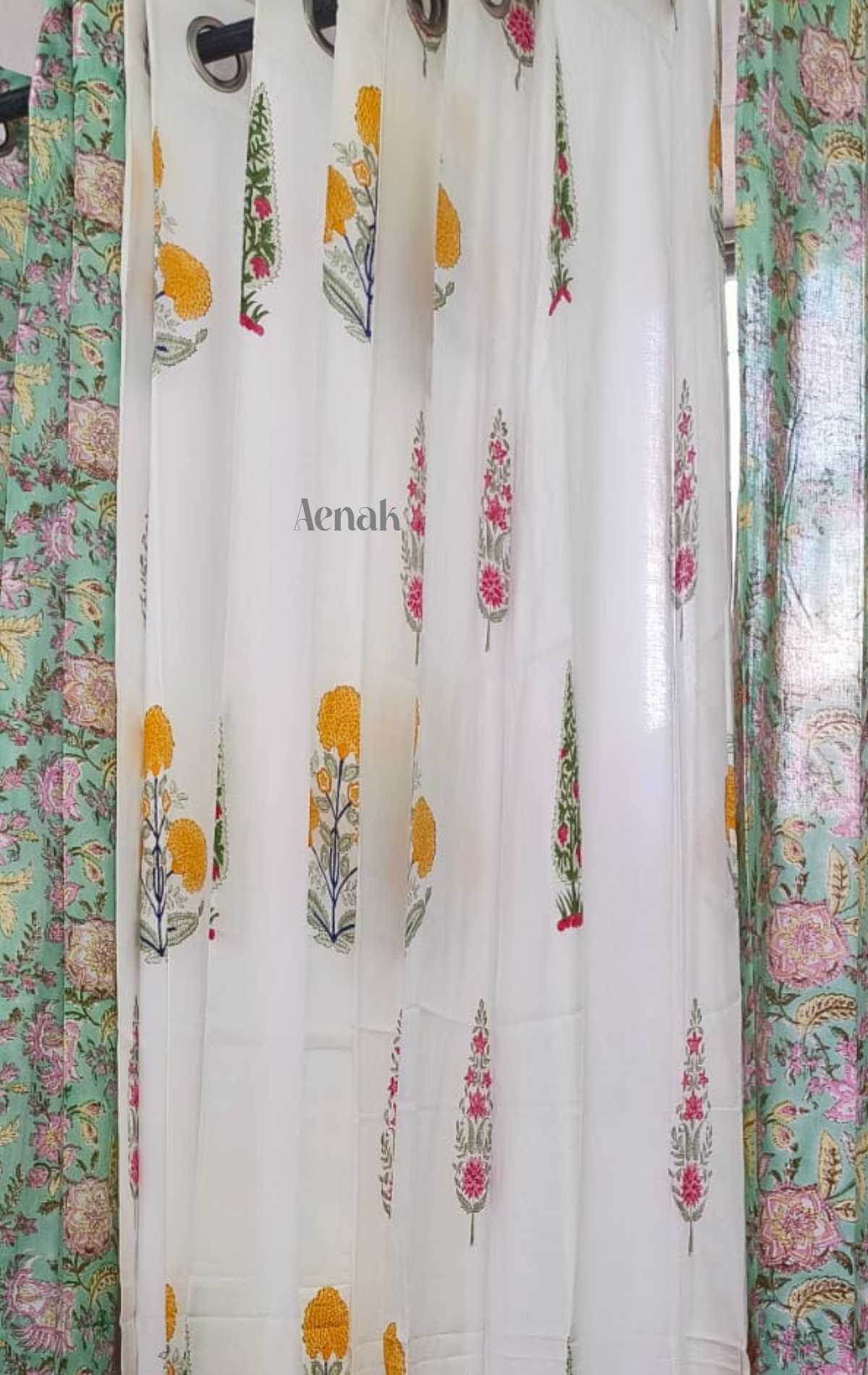 Yellow Pink Marigold Eyelet Handblock Curtains