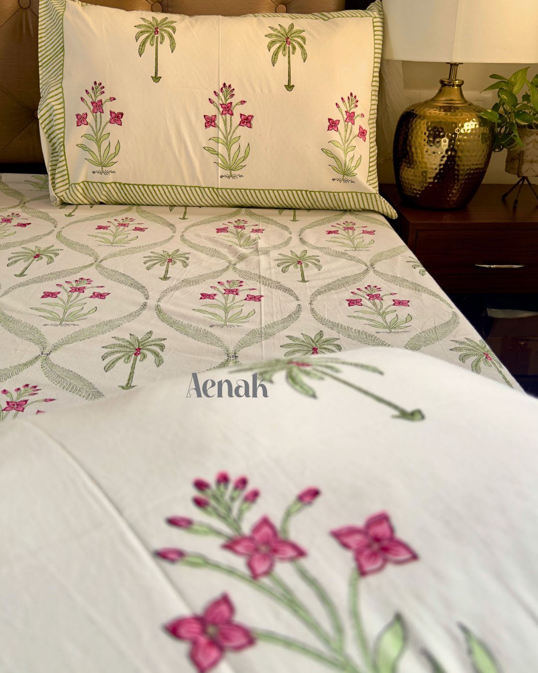 Green Palm Handblock Premium Cotton Bedsheet Set
