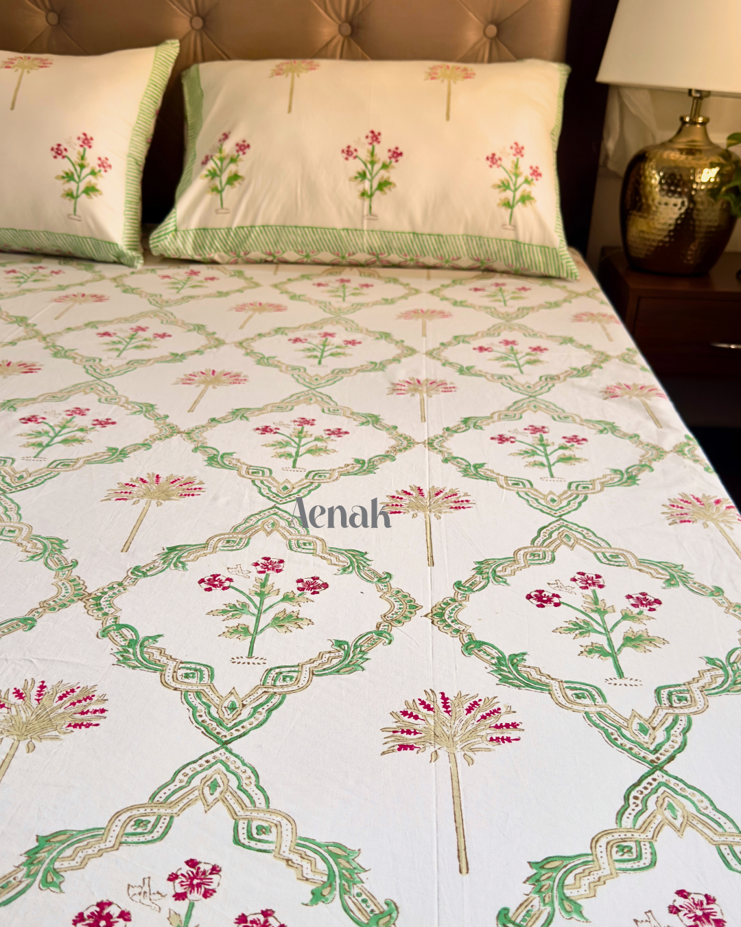 Pink Palm Jaal Handblock Bedsheet + Dohar Combo