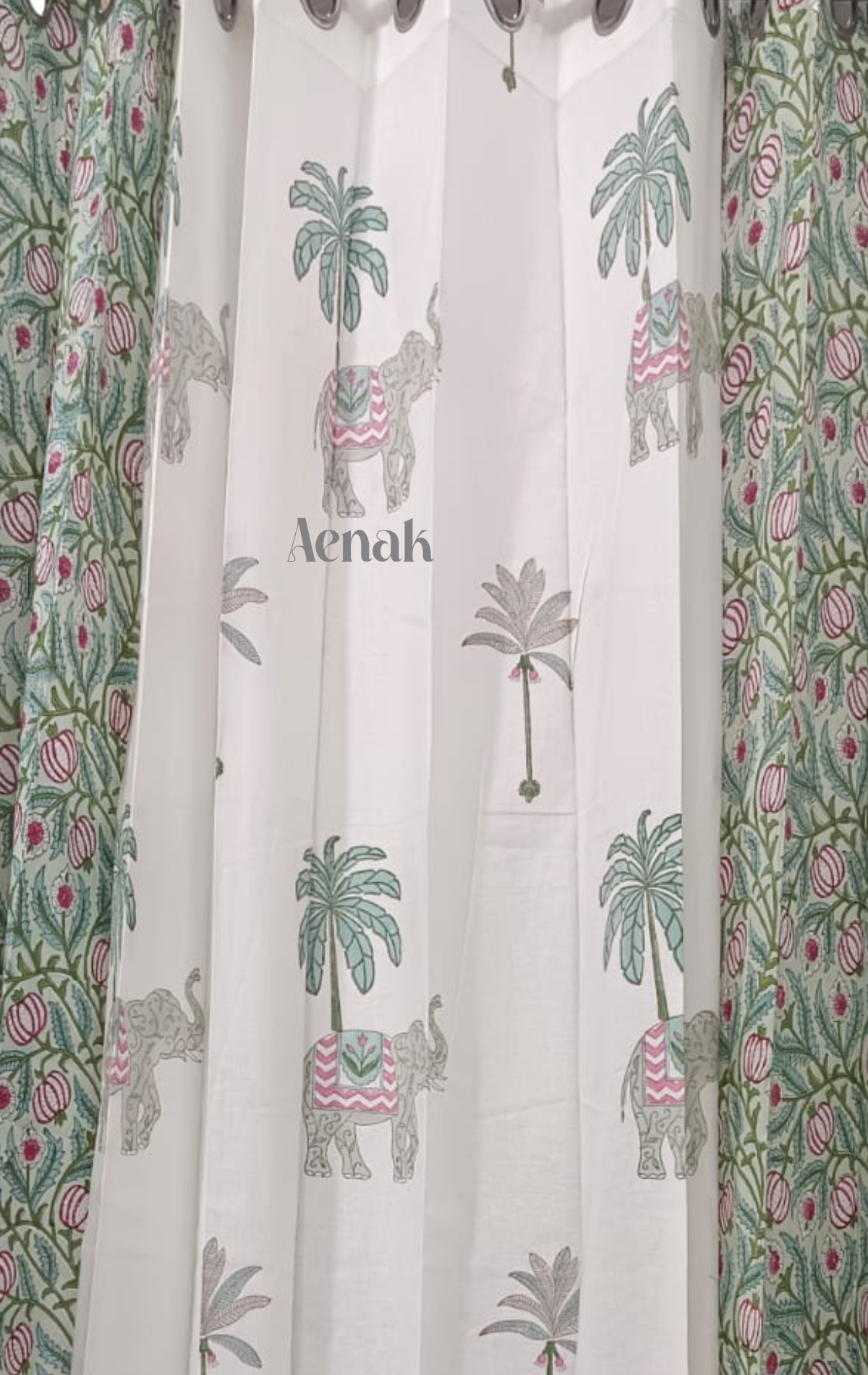 Grey Elephants Eyelet Handblock Curtains