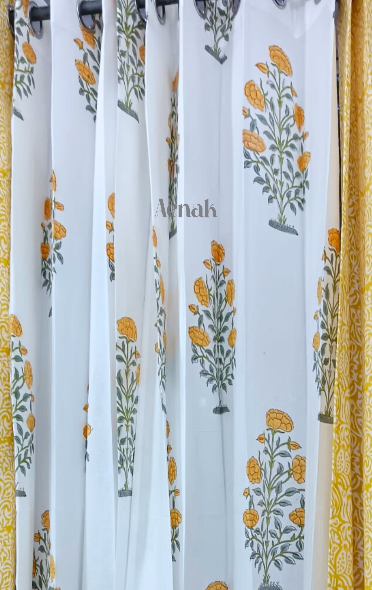 Yellow Flower Baag Eyelet Handblock Curtains