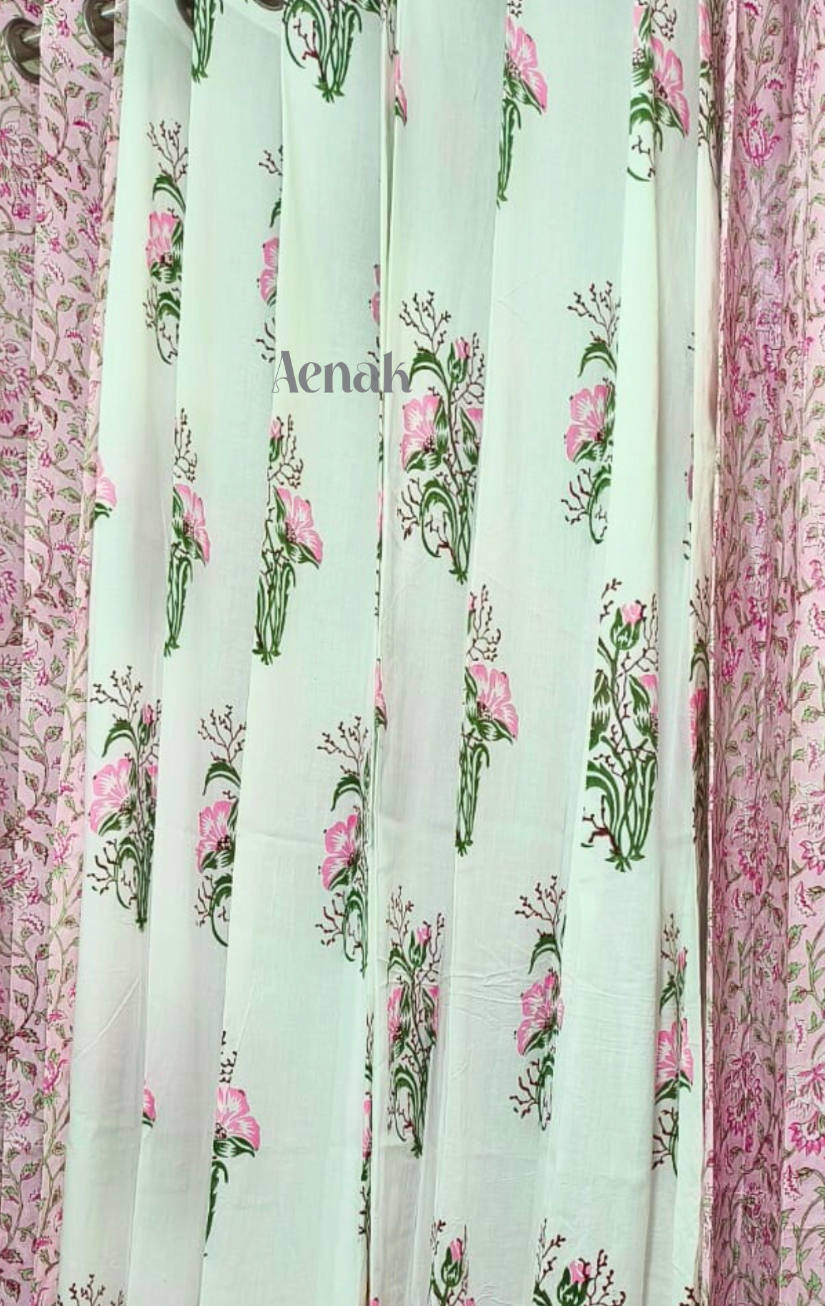 Pink & Green Hibiscus Eyelet Handblock Curtains