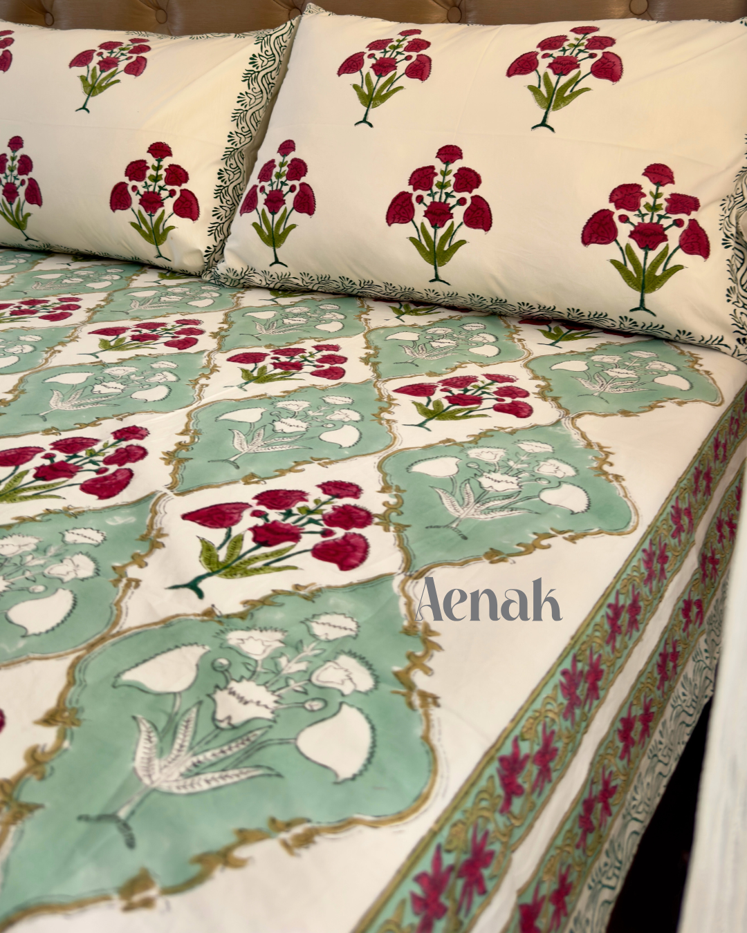 Green & Red Dahlia Handblock Printed Premium Cotton Bedsheet
