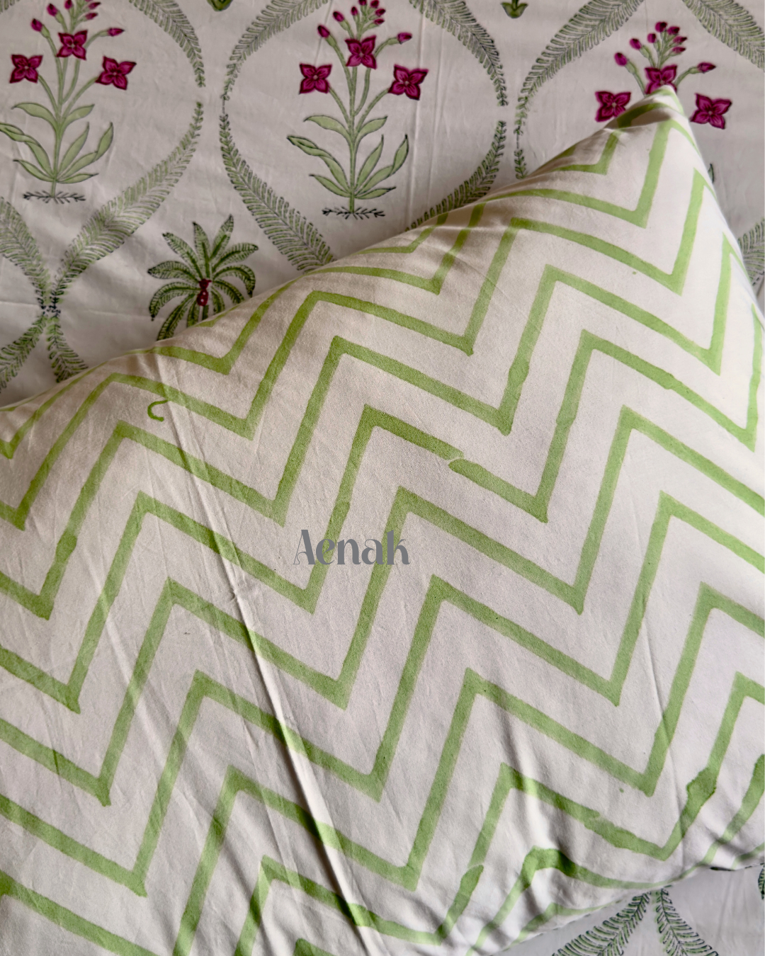 Green Palm Tree Handblock Bedsheet + Quilt Combo Set