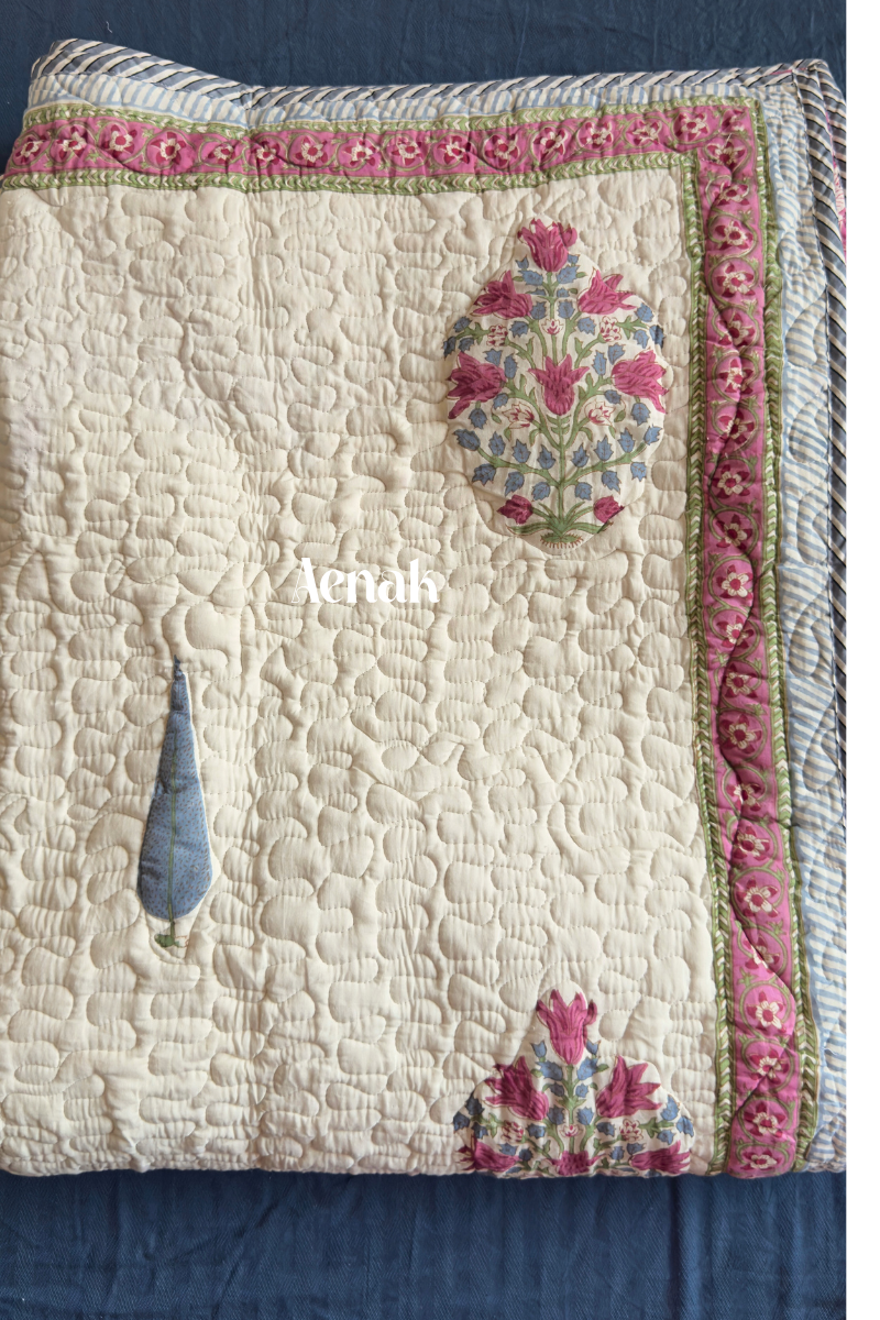 Magenta Boota Handblock Printed Reversible Quilted Cotton Bedcover