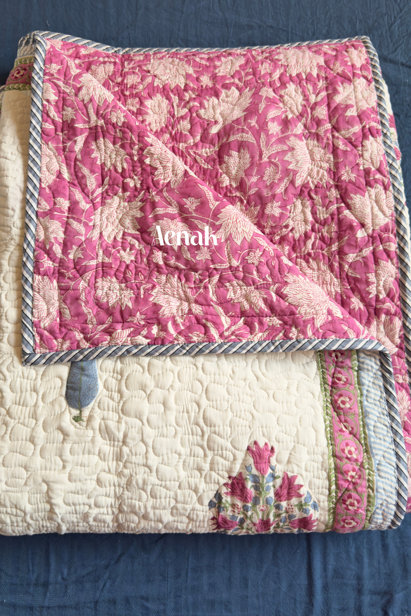 Magenta Boota Handblock Printed Reversible Quilted Cotton Bedcover