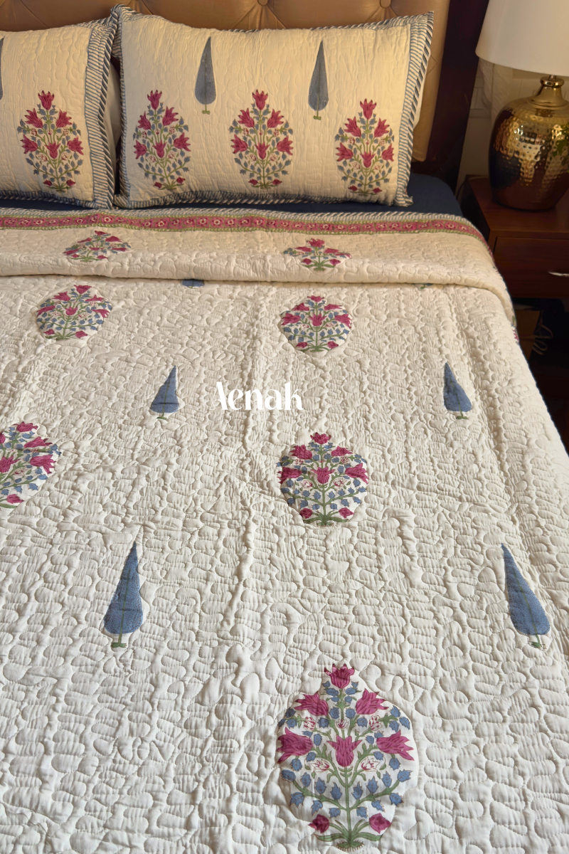 Magenta Boota Handblock Printed Reversible Quilted Cotton Bedcover