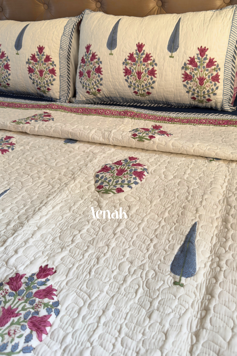 Magenta Boota Handblock Printed Reversible Quilted Cotton Bedcover
