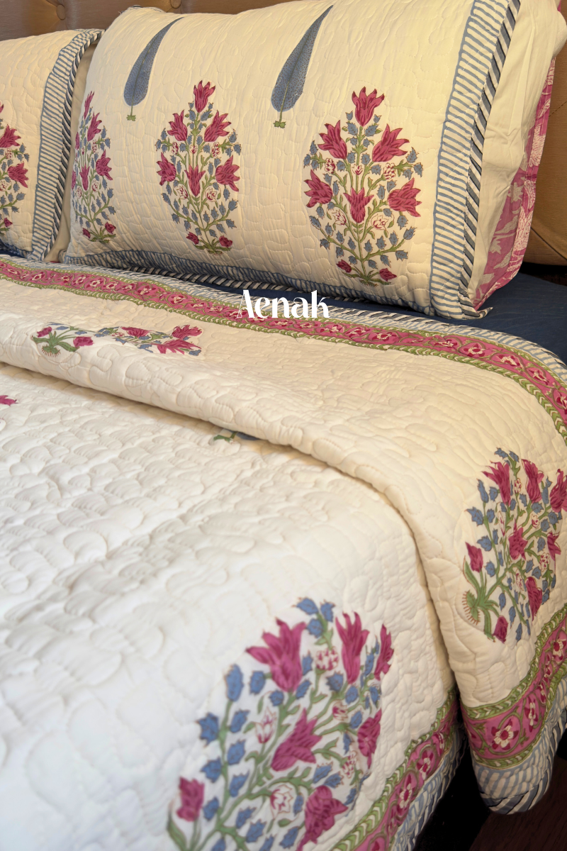 Magenta Boota Handblock Printed Reversible Quilted Cotton Bedcover