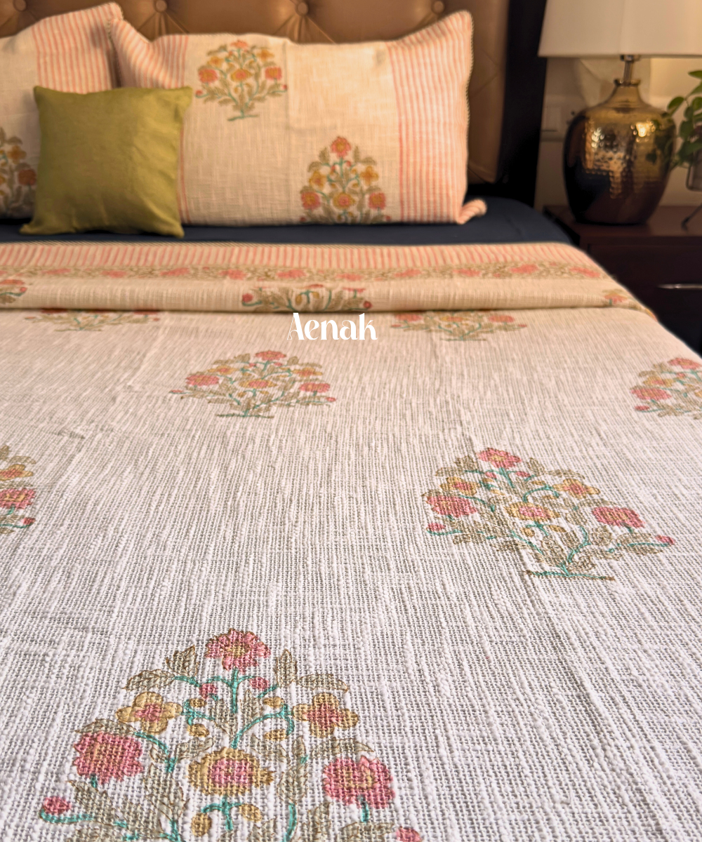 Pink Boota Handblock Printed Jute Cotton Bedcover