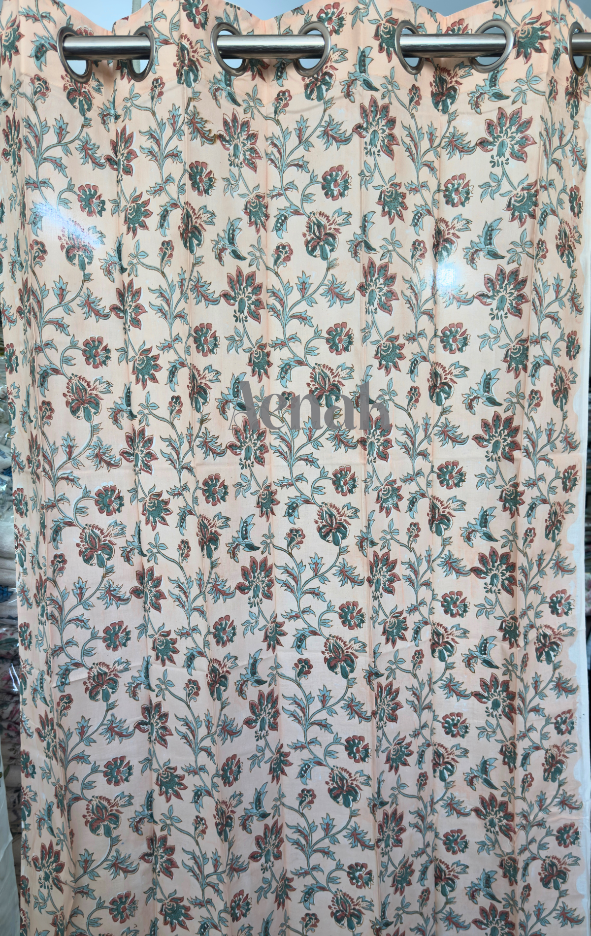 Blue Brown Floral Floral Eyelet Handblock Curtains (Peach Base)