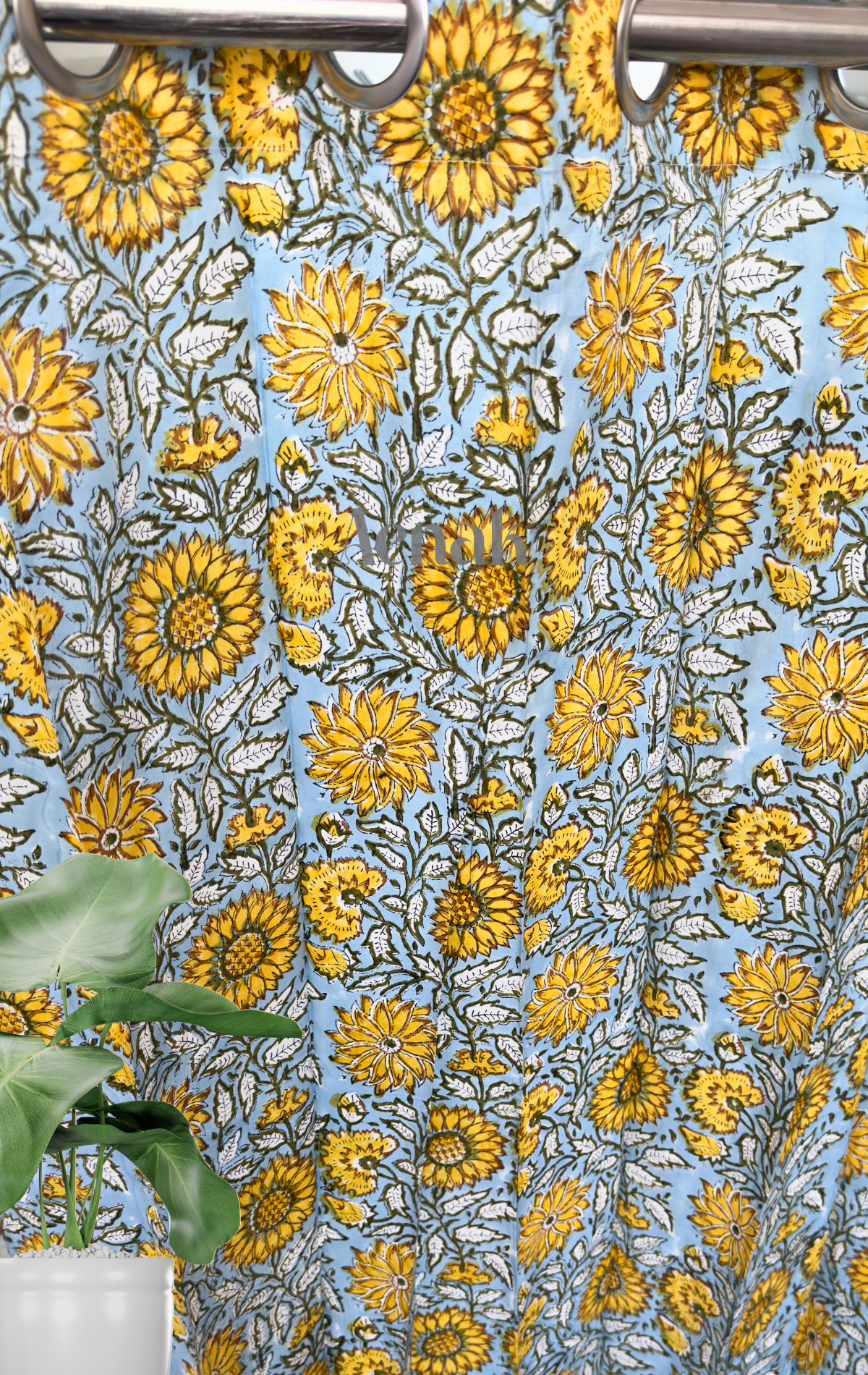 Blue Yellow Sunflower Eyelet Handblock Curtains