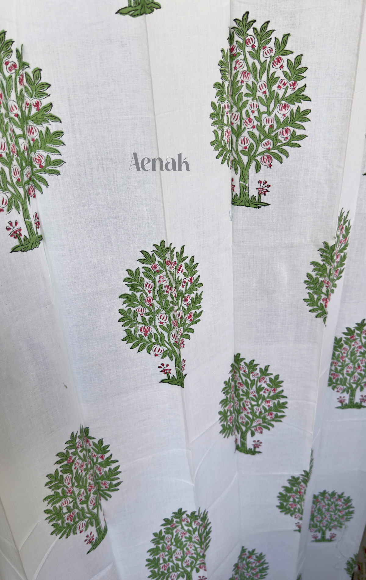 Green & Red Anaar Tree Eyelet Handblock Curtains
