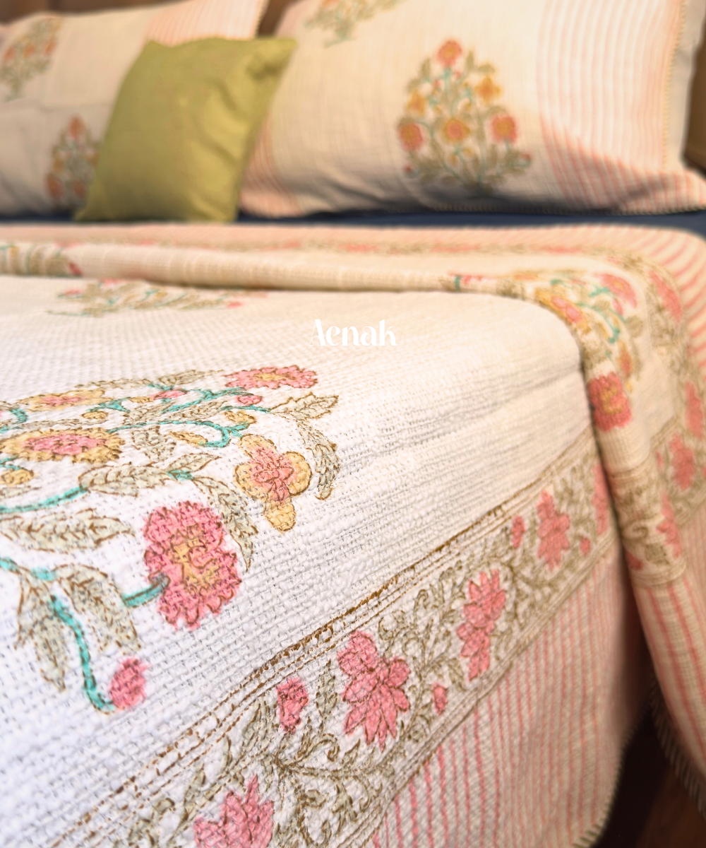 Pink Boota Handblock Printed Jute Cotton Bedcover
