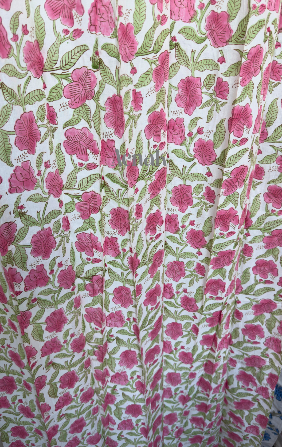Pink & Green Floral Eyelet Handblock Curtains