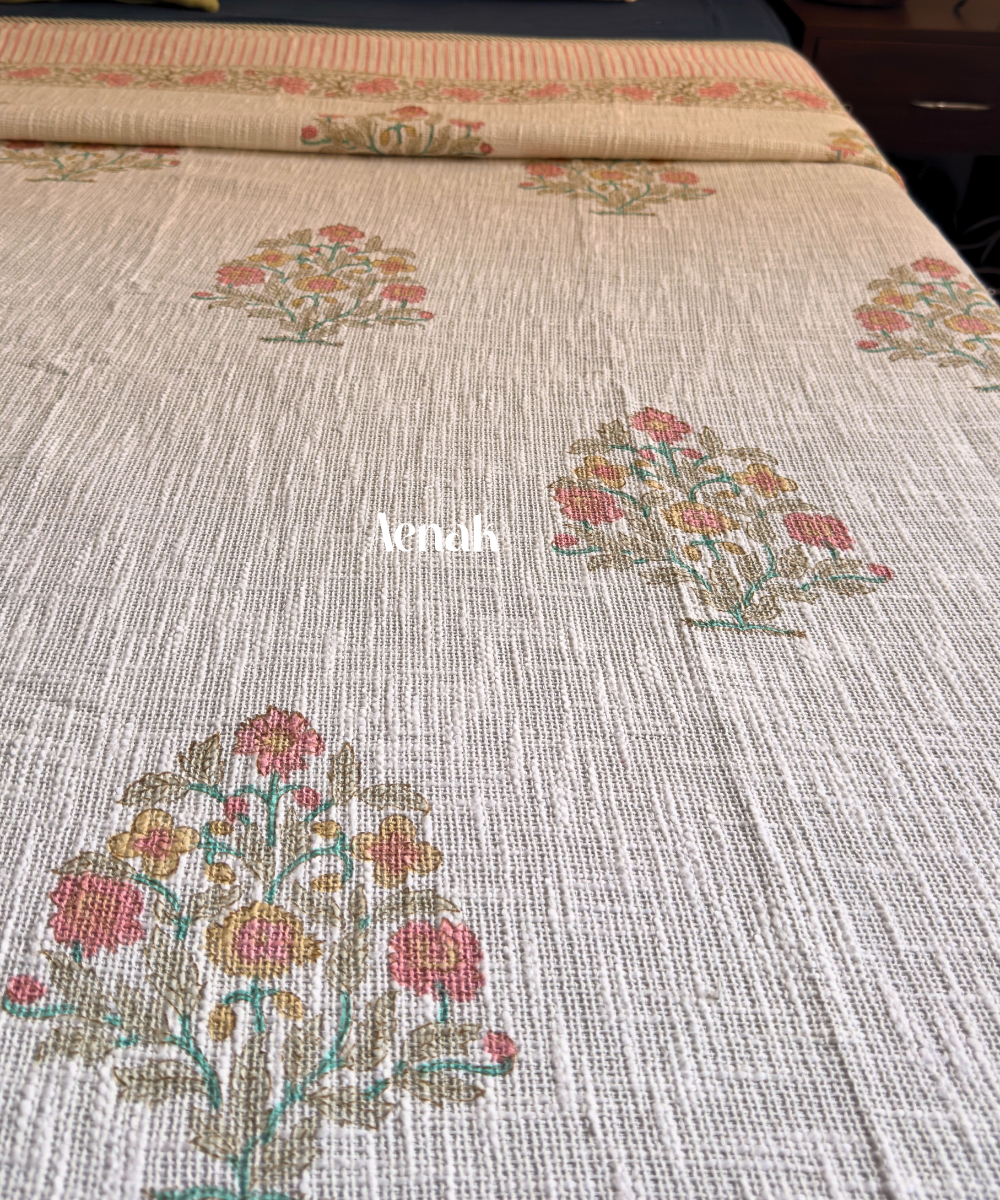 Pink Boota Handblock Printed Jute Cotton Bedcover