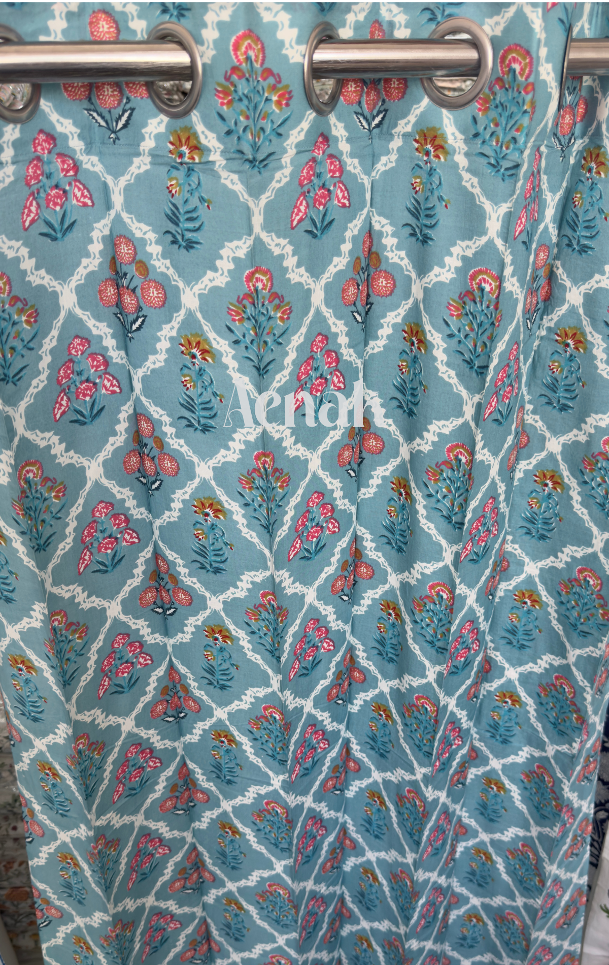 Blue & Pink Floral Jaal Eyelet Handblock Curtains