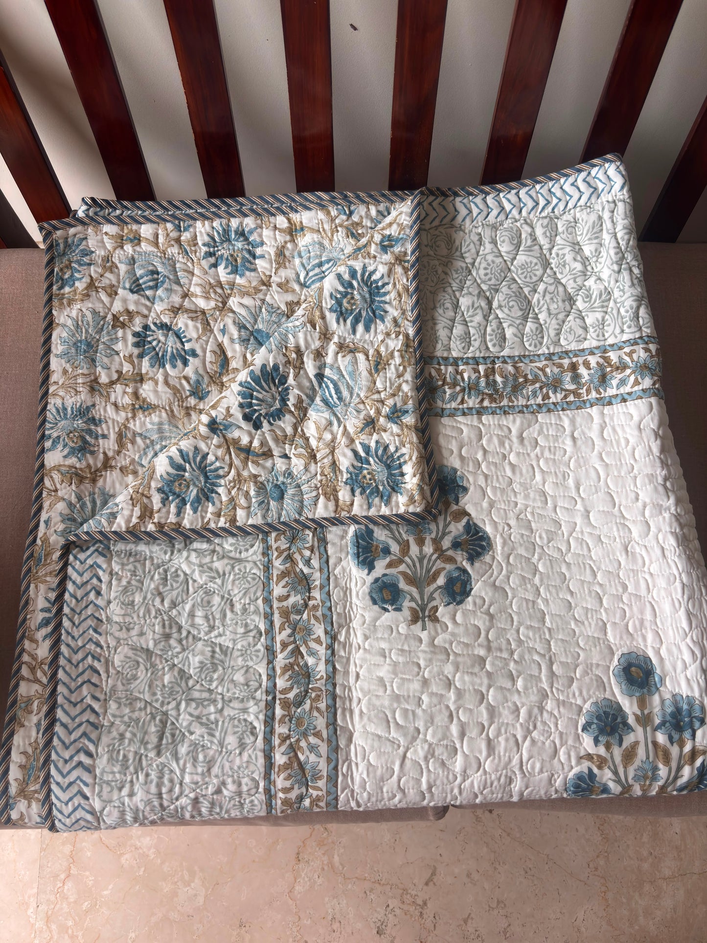 Blue Phool Boota Handblock Reversible Quilted Cotton Bedcover Set-106x108