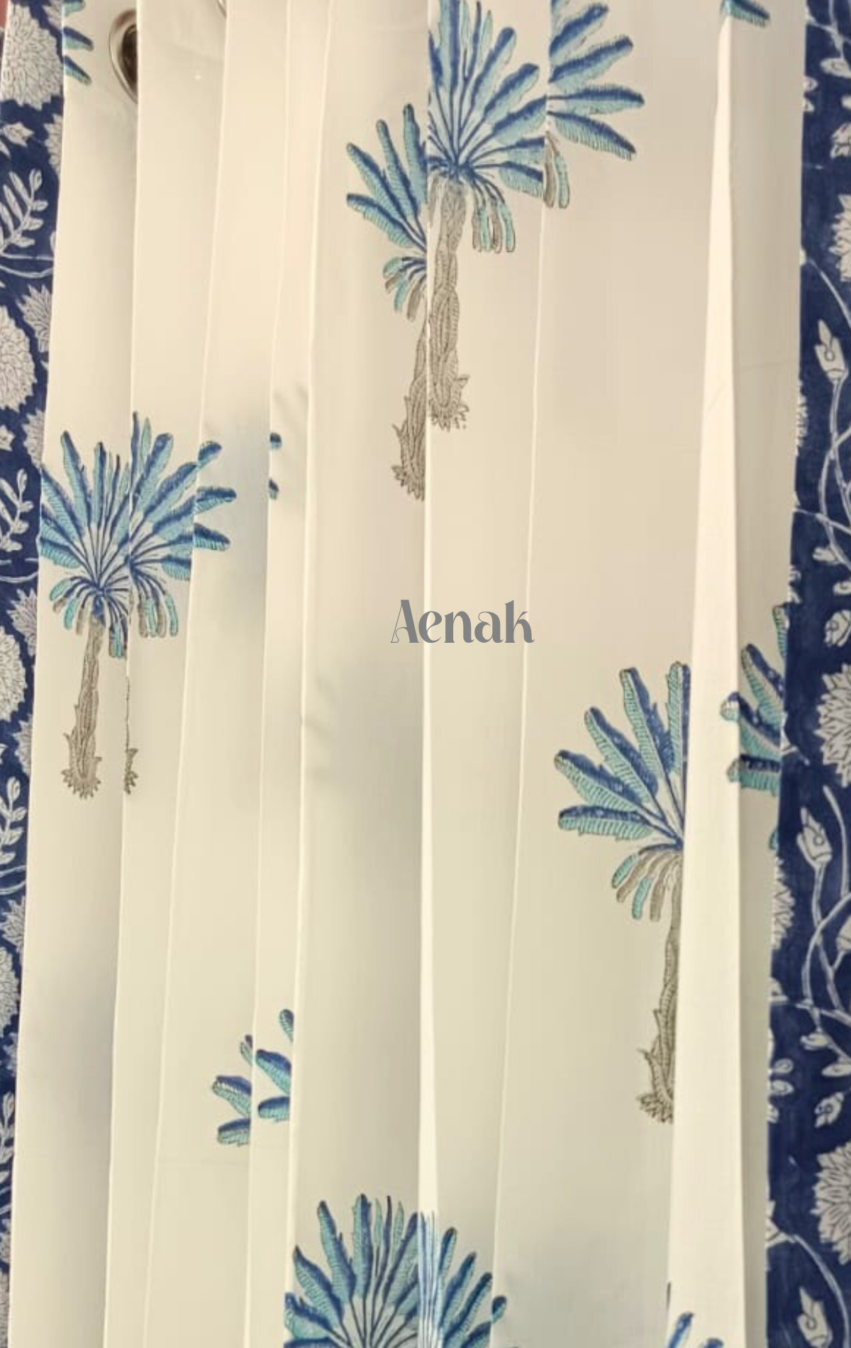 Blue Palm Eyelet Handblock Curtains