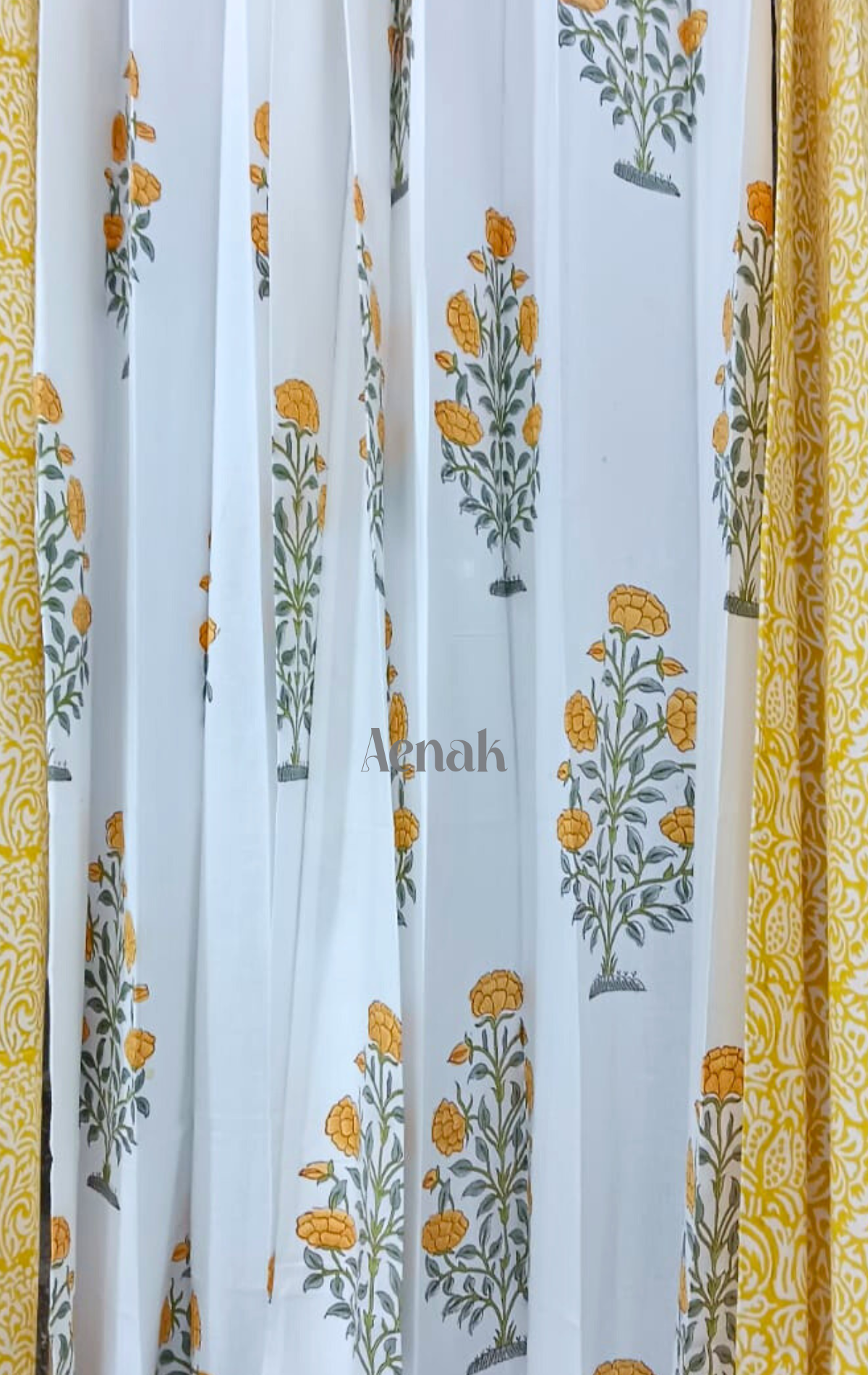 Yellow Flower Baag Eyelet Handblock Curtains