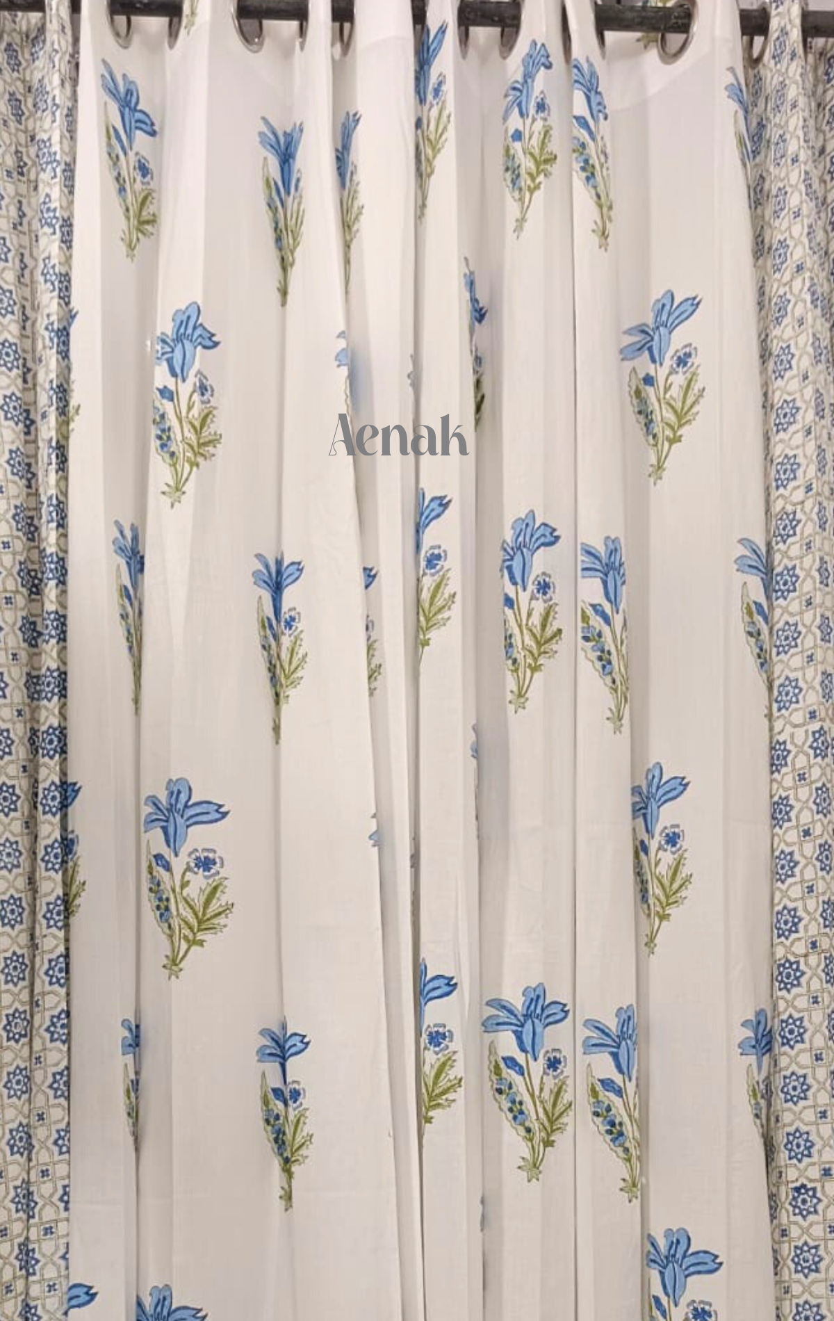 Blue Lily Eyelet Handblock Curtains