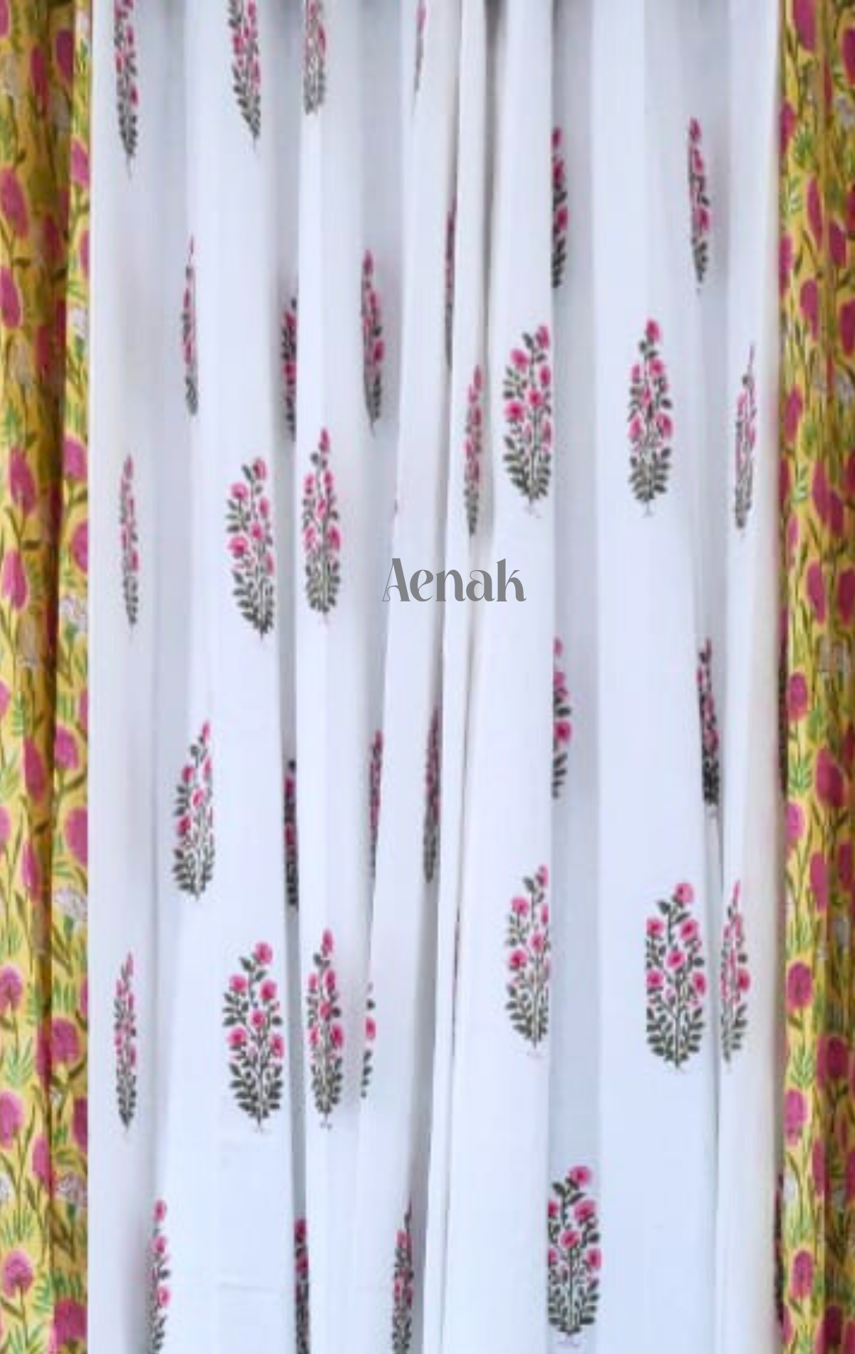 Pink & Green Floral Eyelet Handblock Curtains