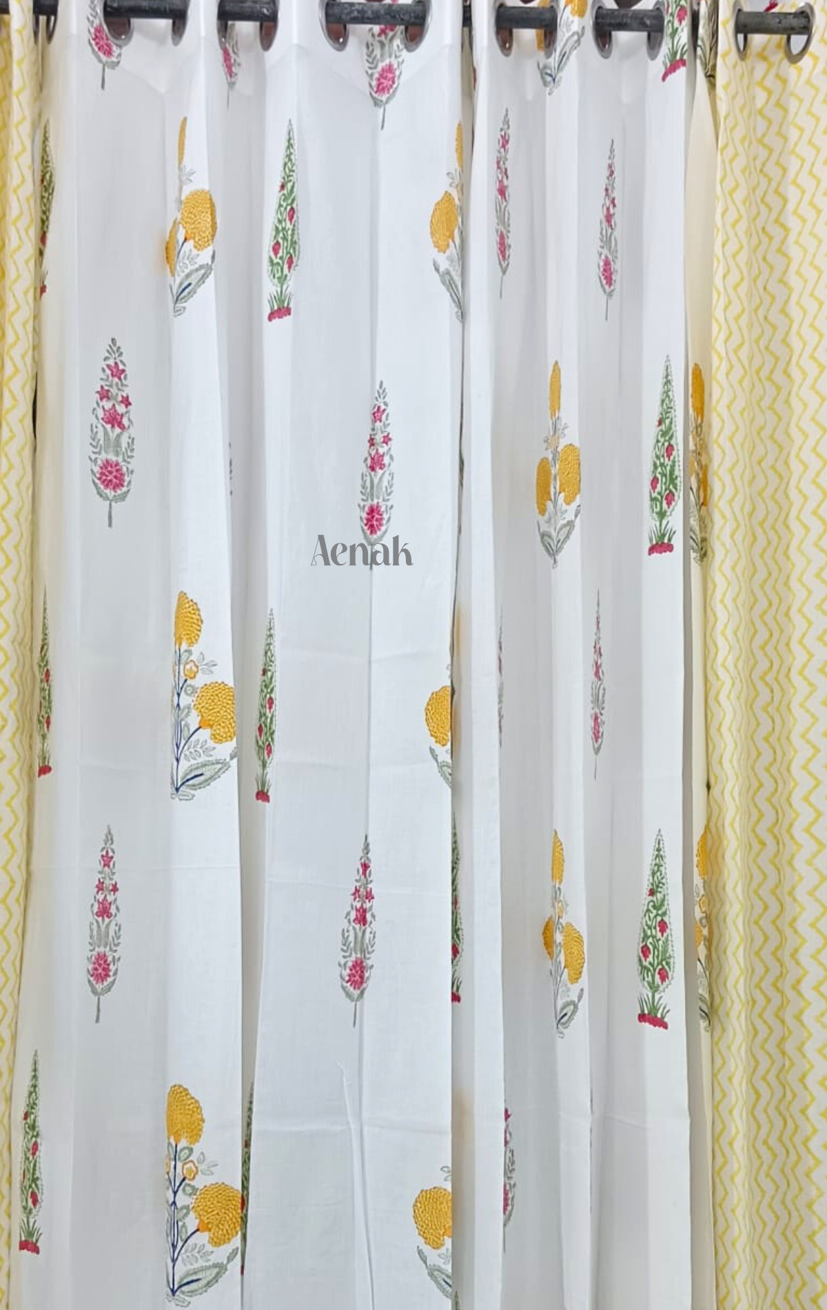 Yellow Pink Marigold Eyelet Handblock Curtains