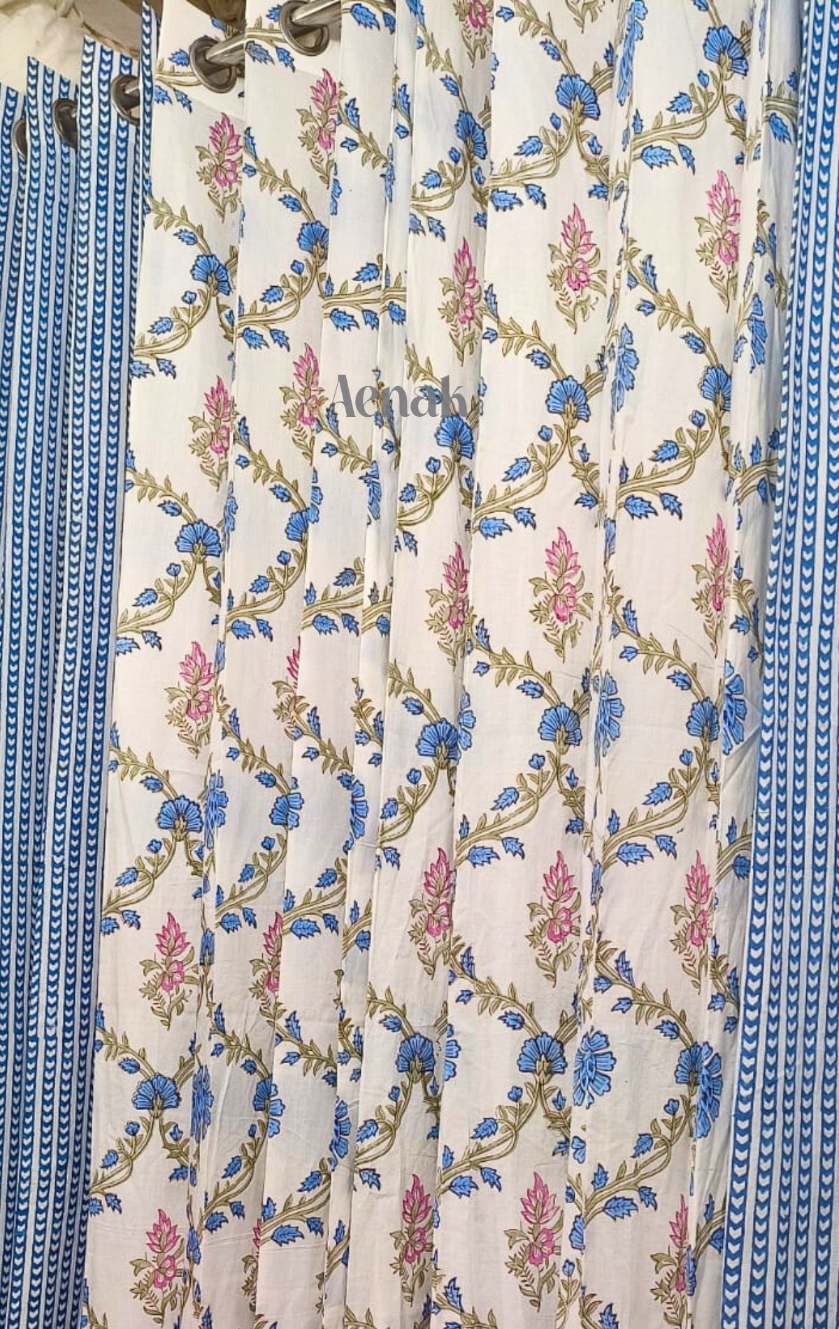 Blue & Pink Jaal Eyelet Handblock Curtains