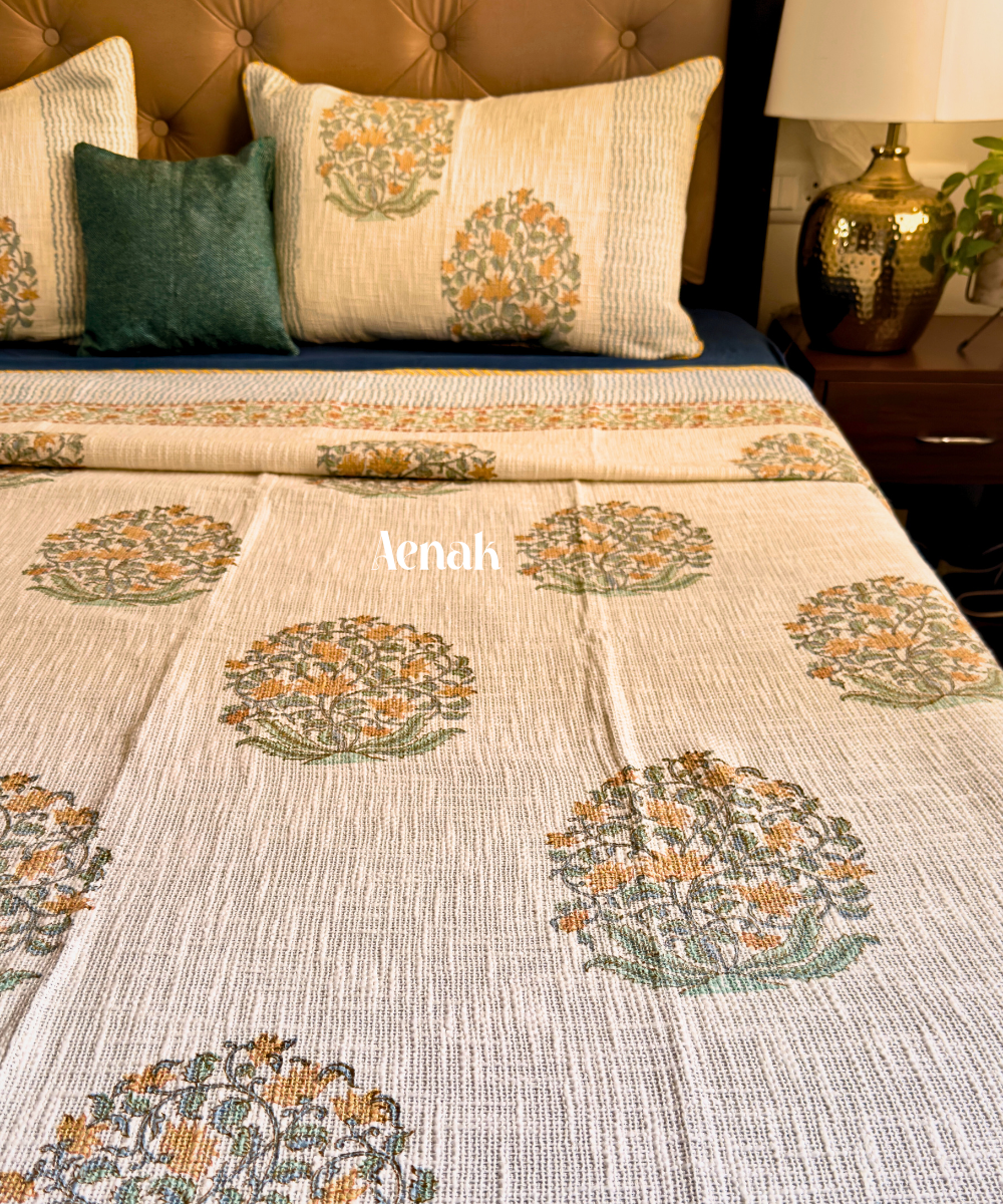 Yellow Boota Handblock Printed Jute Cotton Bedcover