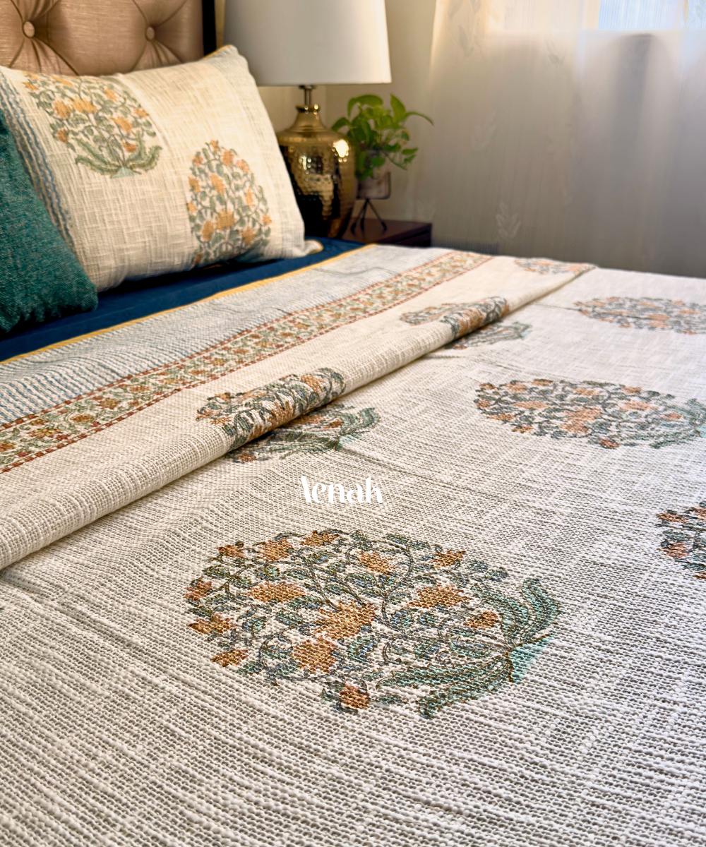 Yellow Boota Handblock Printed Jute Cotton Bedcover