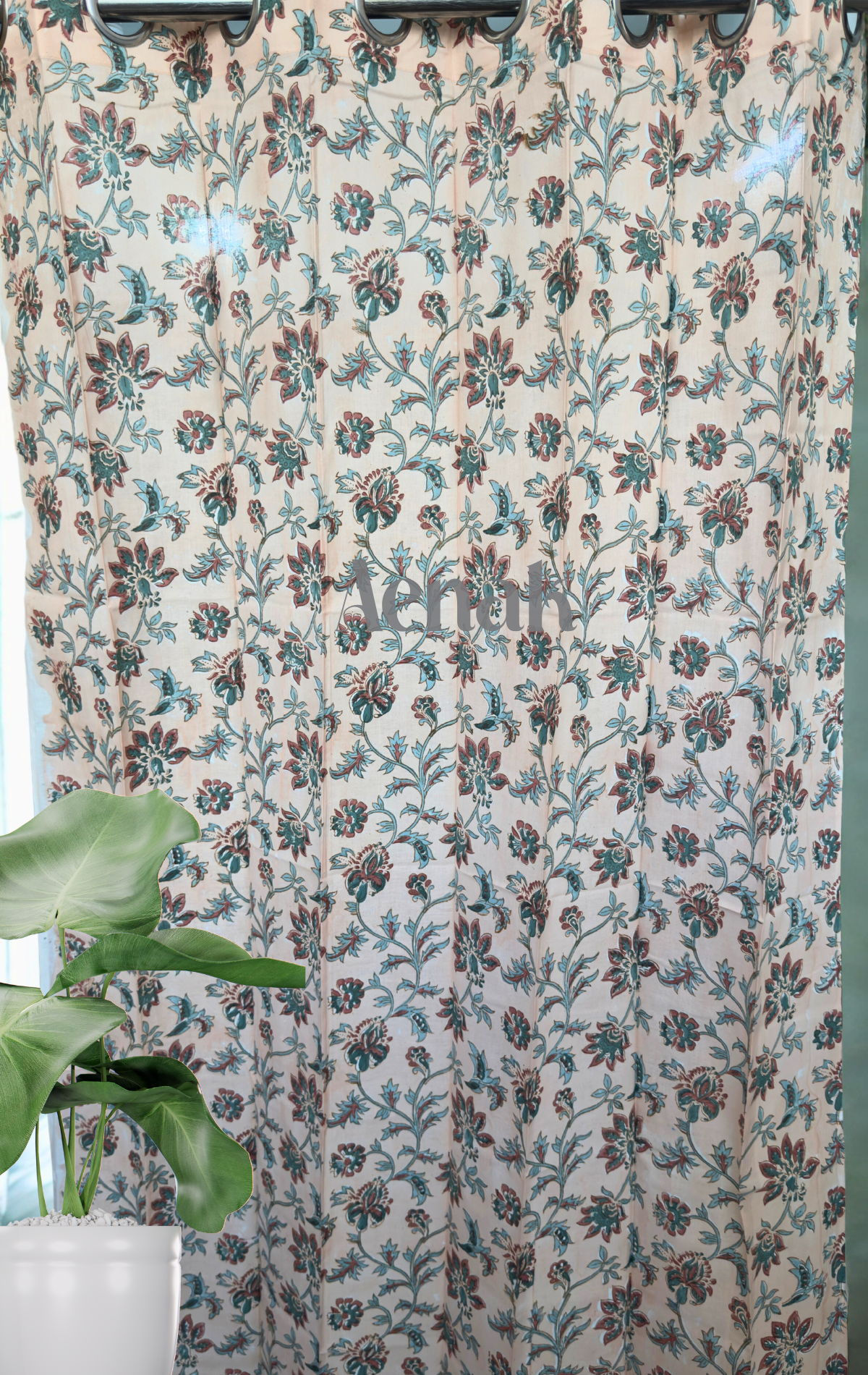 Blue Brown Floral Floral Eyelet Handblock Curtains (Peach Base)